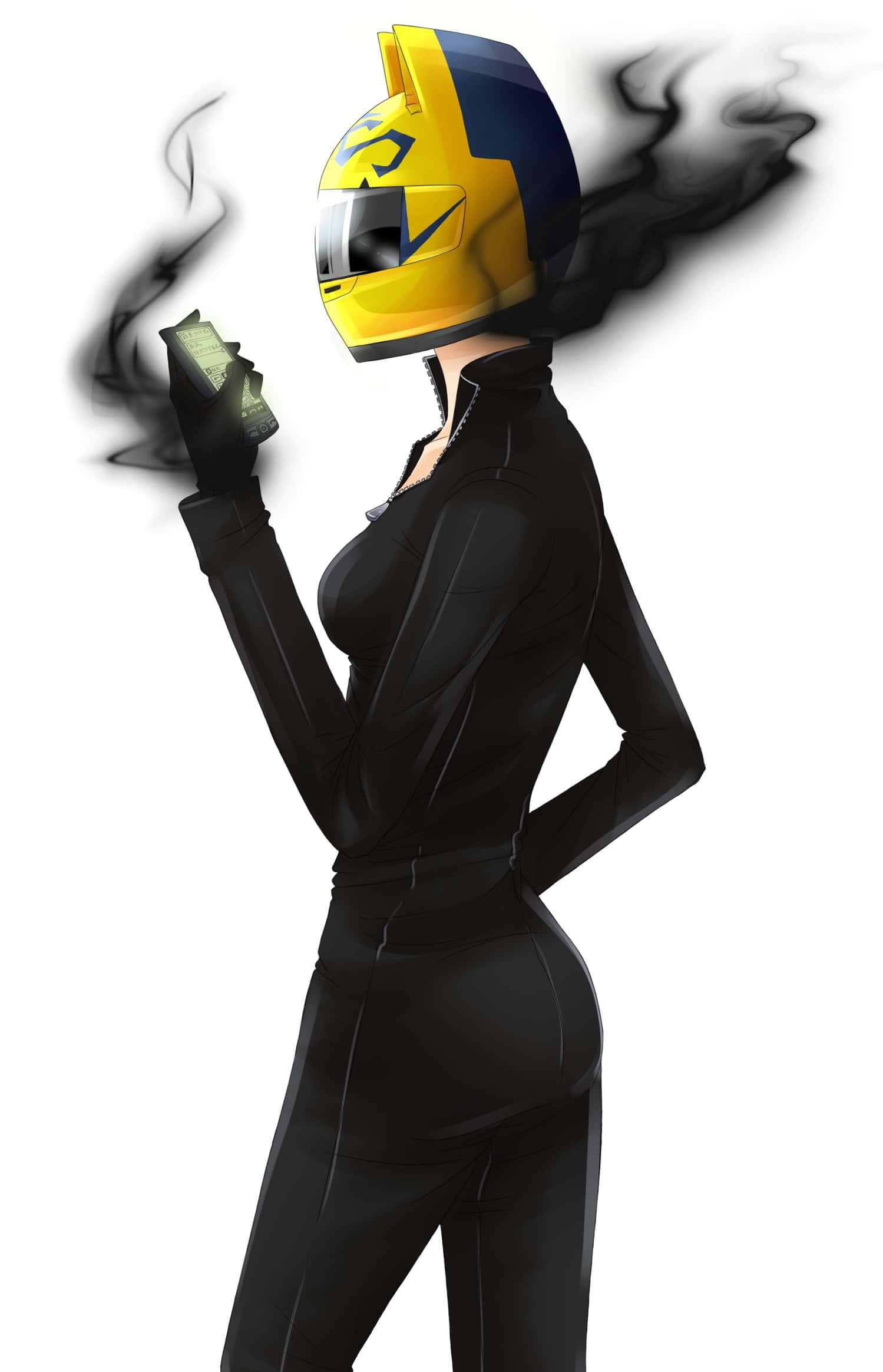 Celty Sturluson 桌布 壁紙 — 一個風格化的動漫角色戴著黃藍色頭盔，穿著黑色連身衣吸煙。
