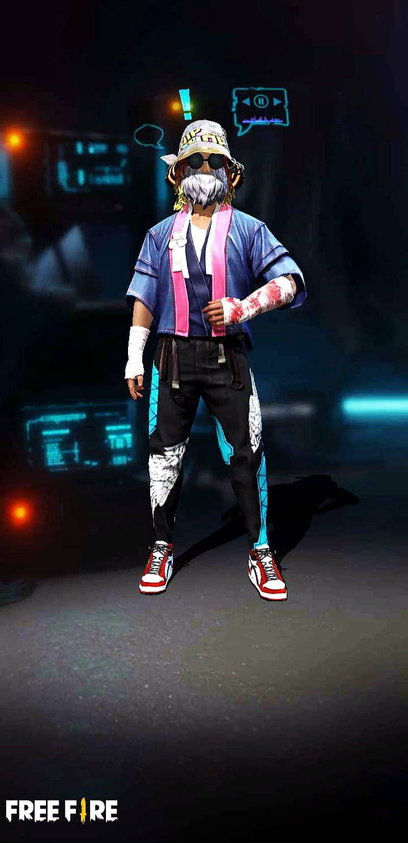 Free Fire Sakura 桌布 壁紙 — 一個風格化的動漫角色穿著未來主義的賽博朋克服裝，自信地站在霓虹燈照亮的數位環境中。