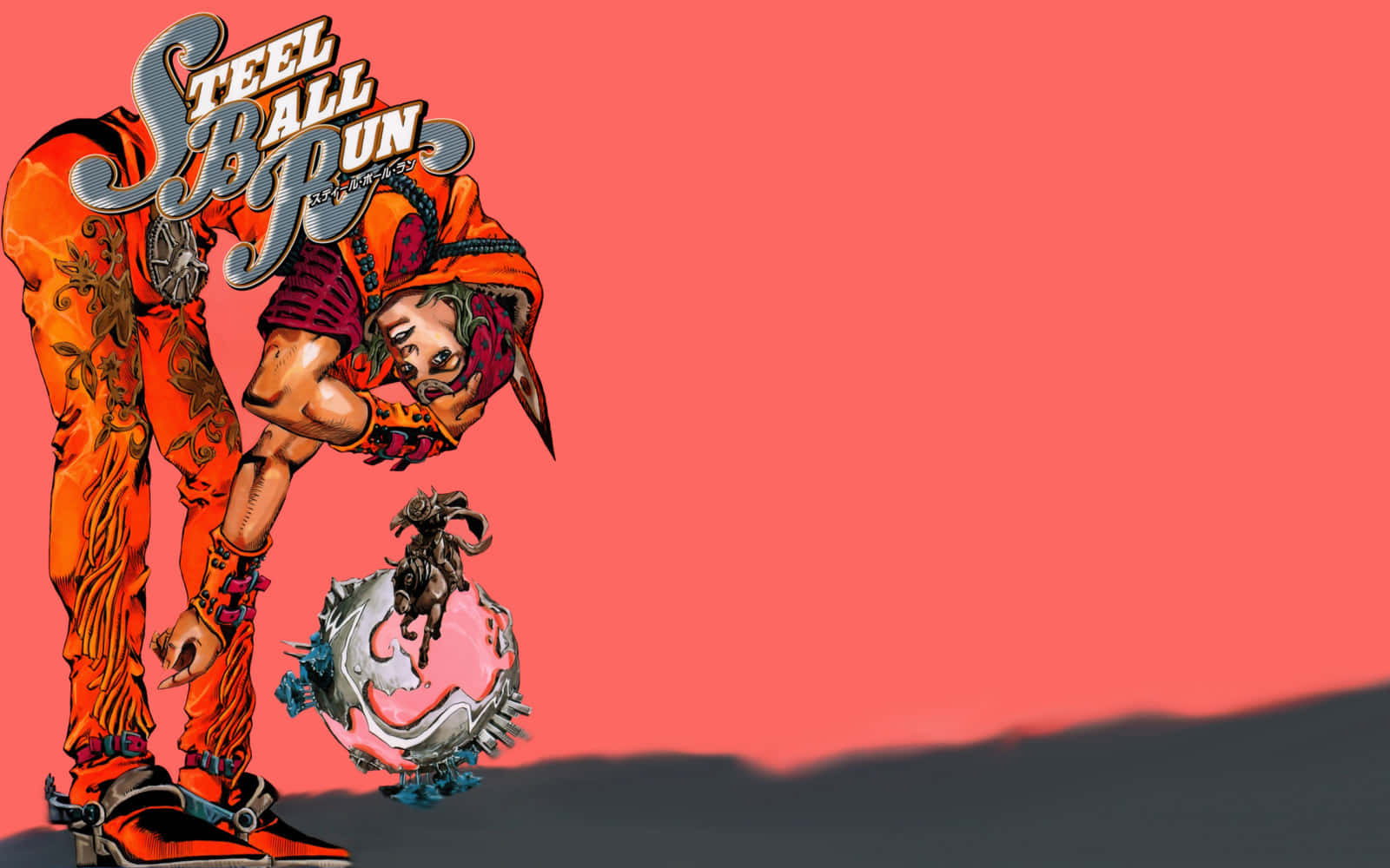 Jojo Steel Ball Run 桌布 壁紙 — 一個風格化的動漫角色穿著橙色裝備，俯身於一個帶有山羊雕像的尖刺鋼球上，背景為珊瑚粉紅色。