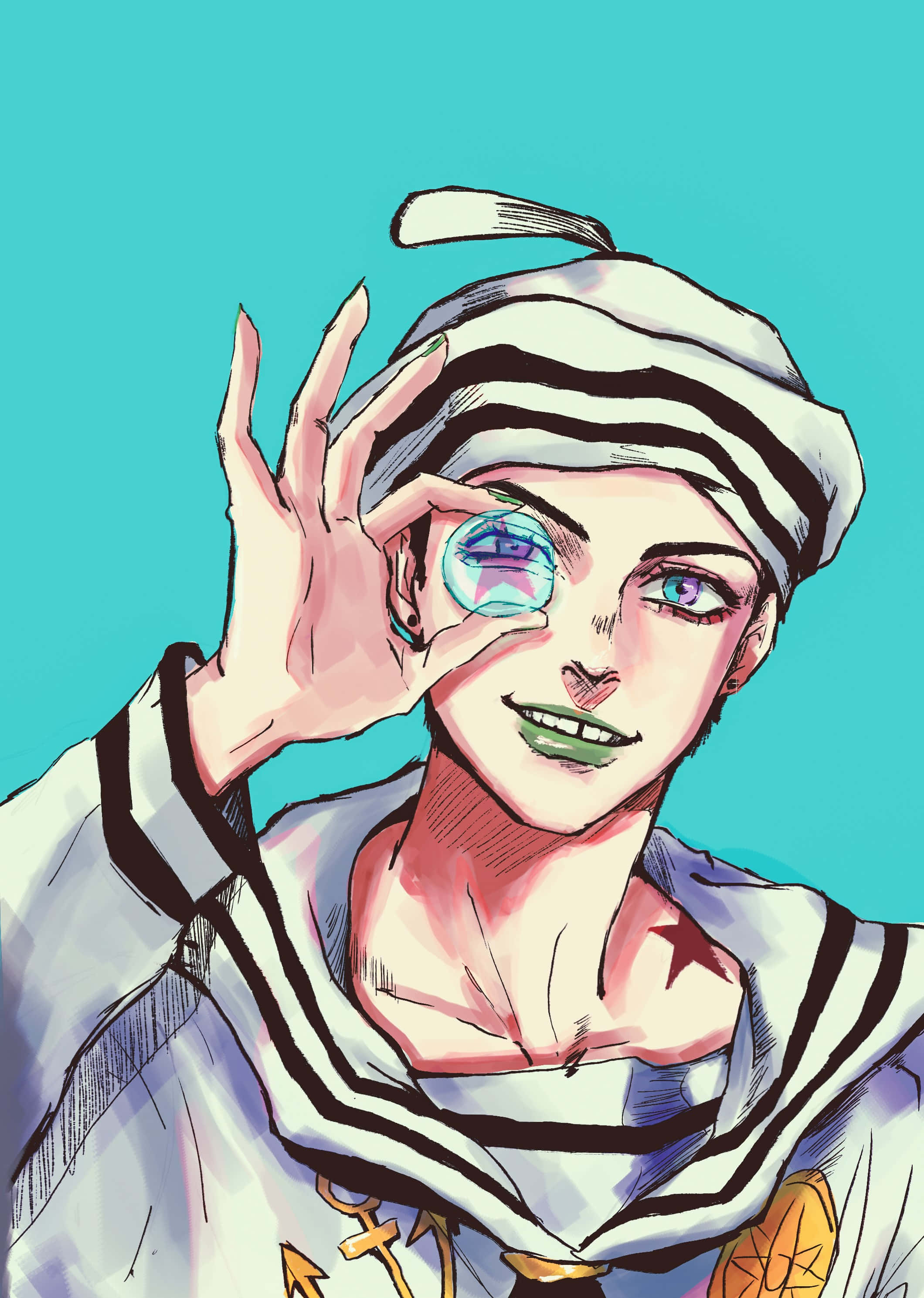 Jojolion 桌布 壁紙 — 一個風格化的動漫角色穿著水手服，在青綠色背景上將發光球體舉在一隻眼睛上方。