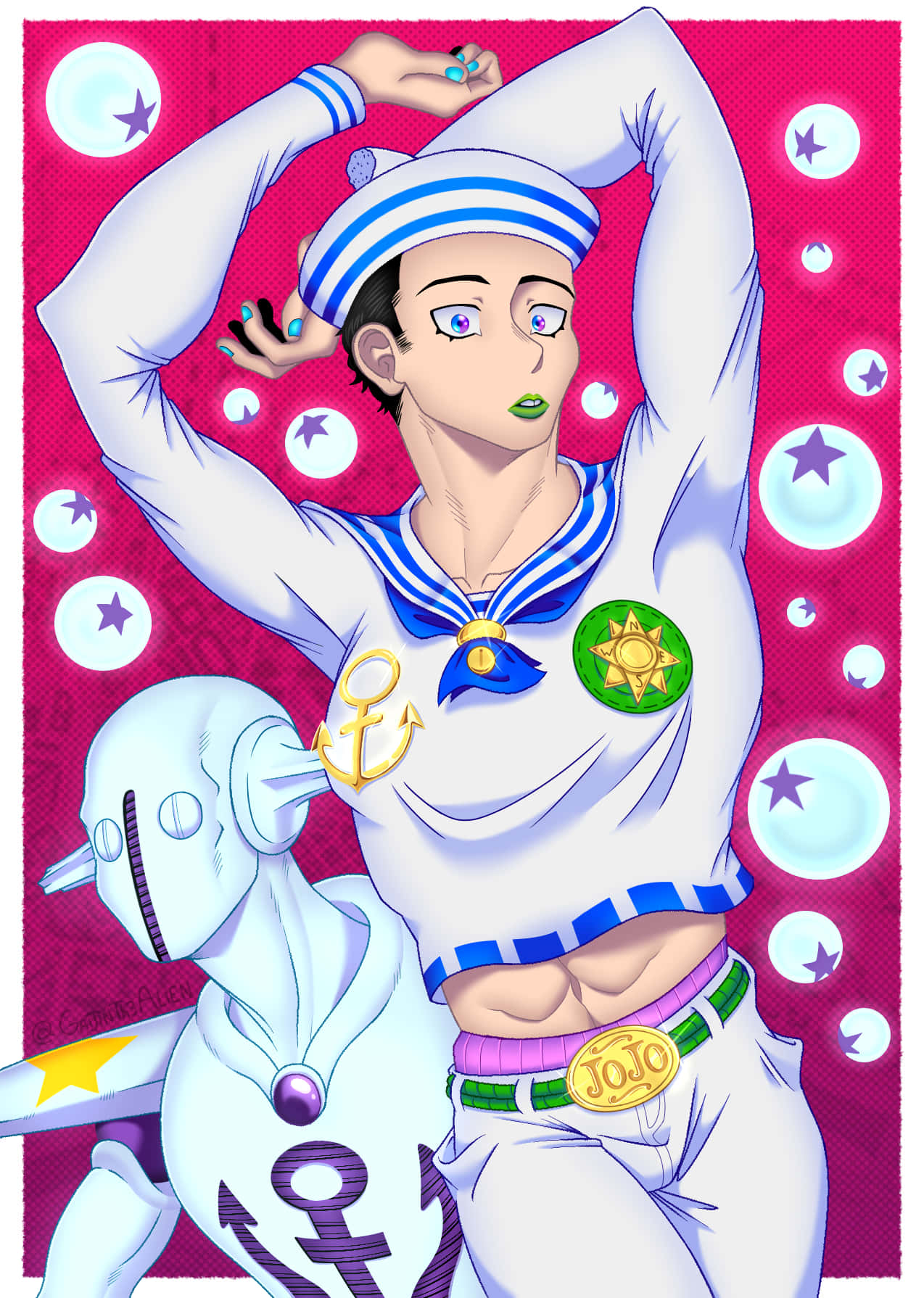 Jojolion 桌布 壁紙 — 一個風格化的動漫角色穿著水手服，在充滿漂浮星星泡泡的鮮豔粉紅色背景前自信地擺姿勢。