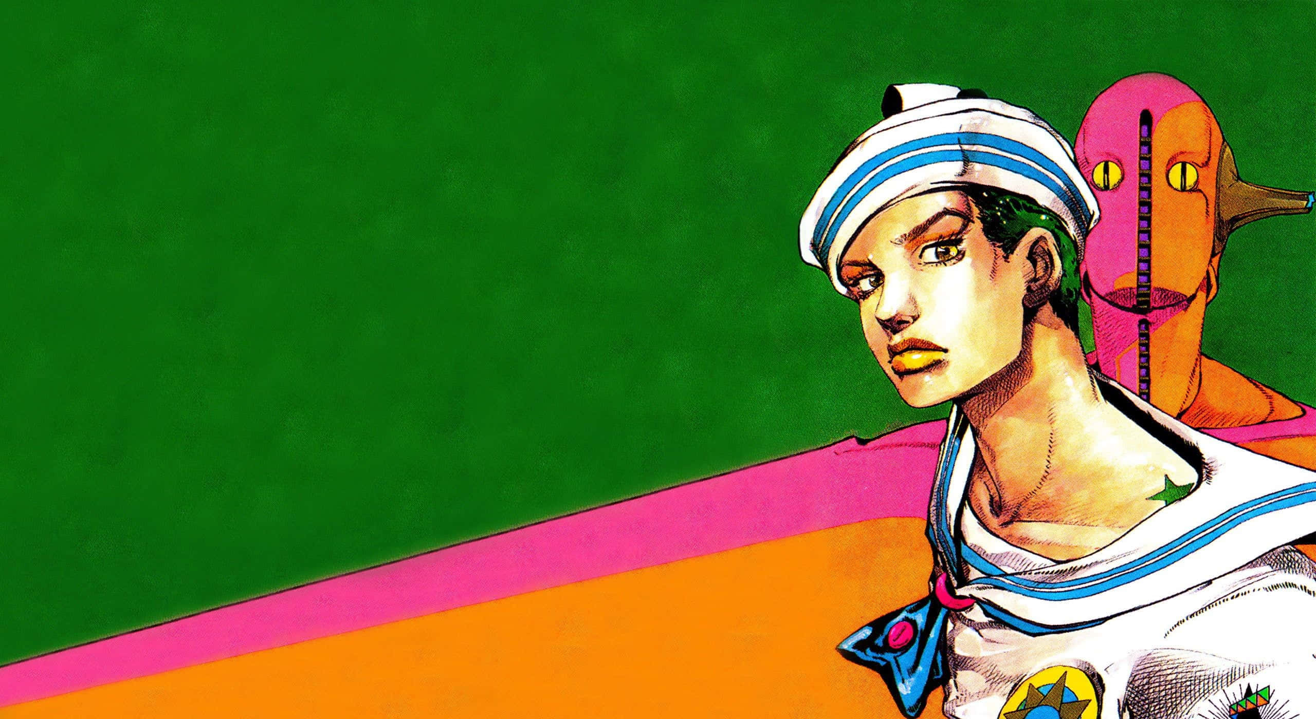 Jojolion 桌布 壁紙 — 一個風格化的動漫角色穿著水手服，站在一個粉紅色蒙面人物旁邊，背景是大膽的綠色和橙色。
