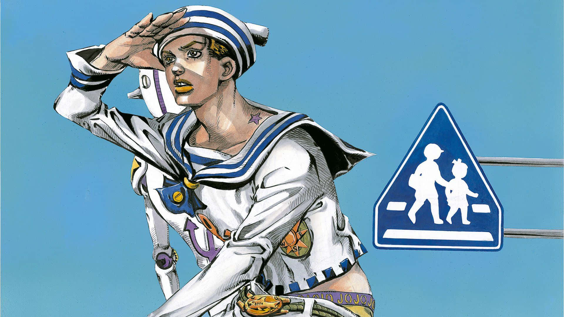Jojolion 桌布 壁紙 — 一個風格化的動漫角色穿著水手服，在藍天背景下向藍色行人過路標誌敬禮。