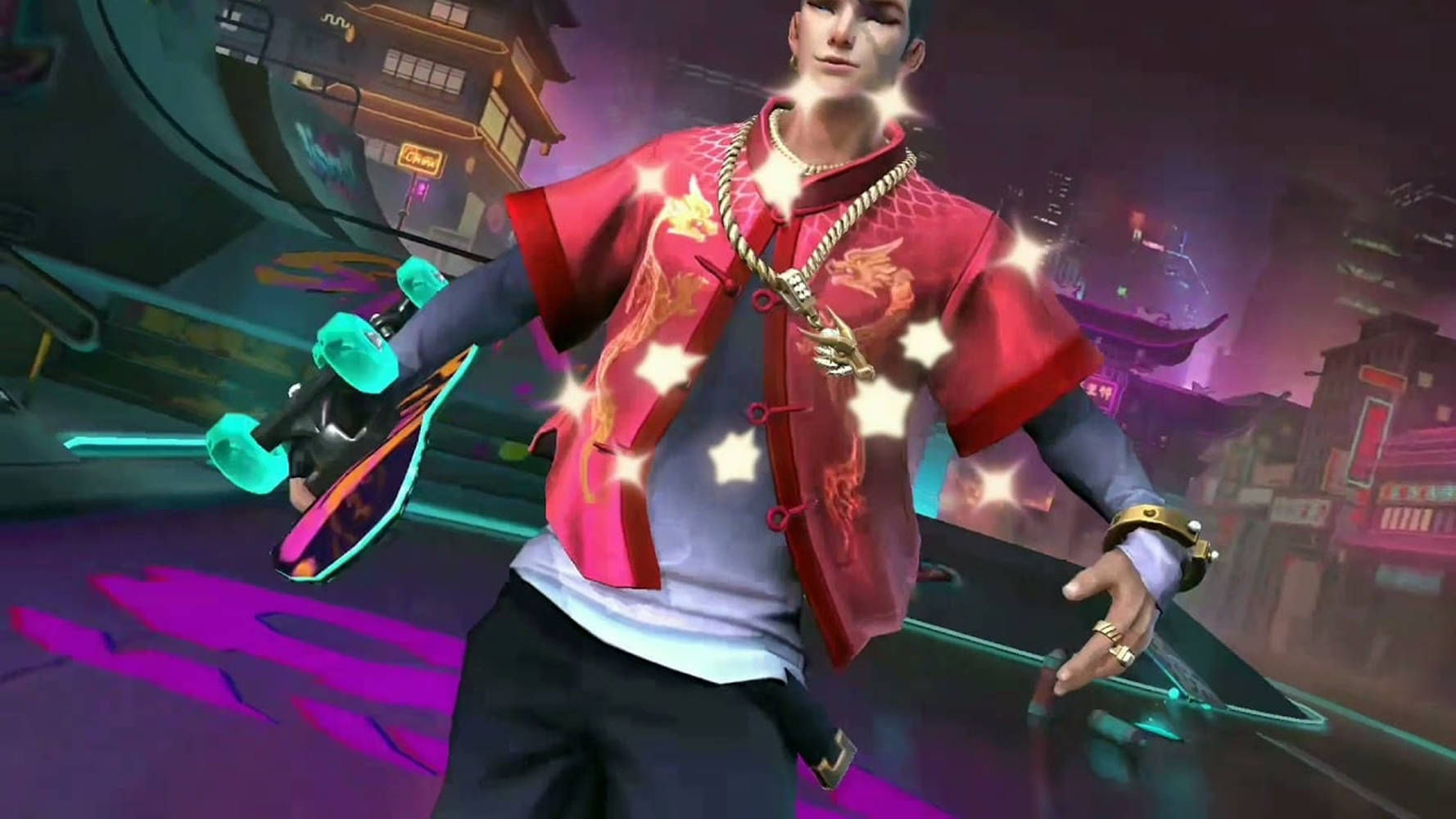 Mobile Legends 桌布 壁紙 — 一個風格化的動漫角色穿著發光的紅色外套，在夜晚的賽博龐克城市景觀中拿著霓虹滑板。