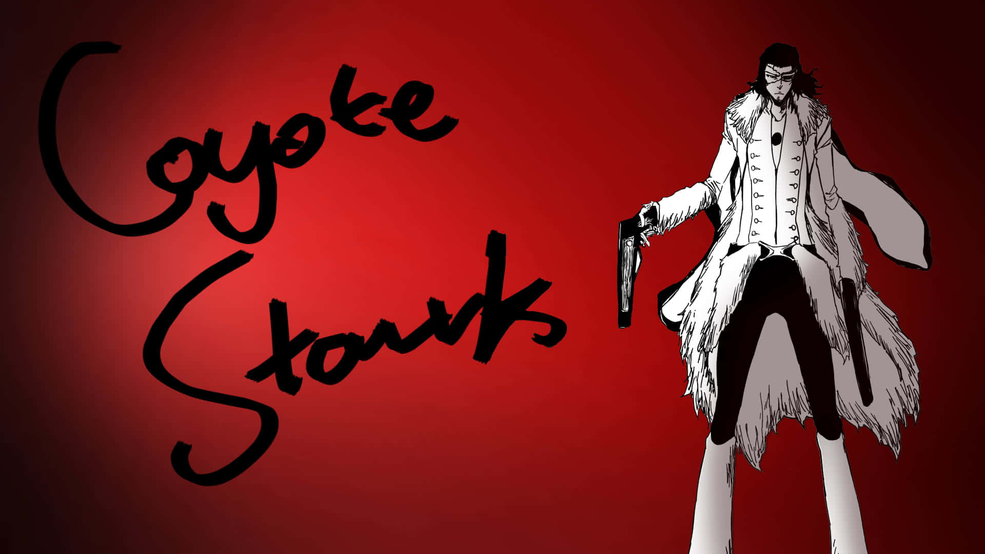 Coyote Starrk 桌布 壁紙 — 一個風格化的動漫角色穿著白色外套，在深紅色背景上拿著槍，並帶有粗體黑色文字。