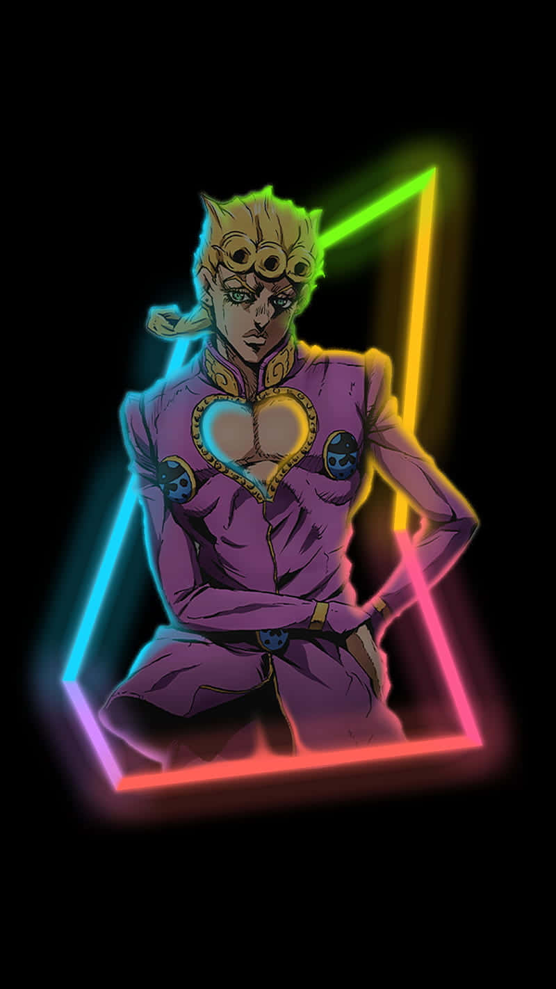 Jojo Pose 桌布 壁紙 — 一個風格化的動漫角色穿著紫色西裝，自信地站在黑色背景上發光的霓虹幾何框架內。