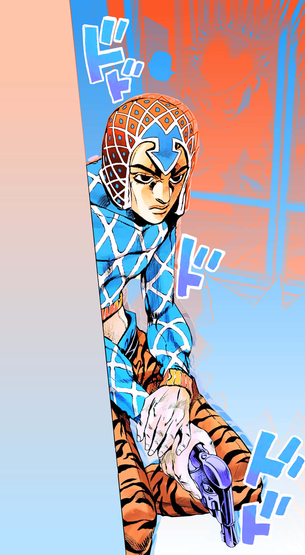 Guido Mista 桌布 壁紙 — 一個風格化的動漫角色穿著藍色和橙色圖案西裝，在分割背景前手持手槍，帶有動態動作線條。