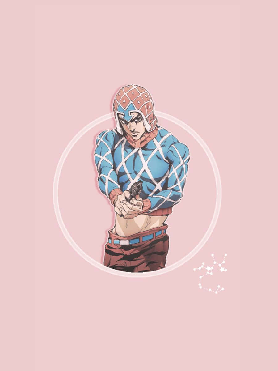 Guido Mista 桌布 壁紙 — 一個風格化的動漫角色穿著藍色菱形圖案服裝，在柔和的粉紅色背景上，帶有白色圓圈和星座圖案，手持手槍。