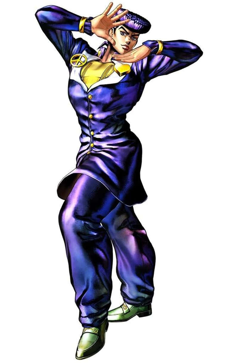 Jojo Pose 桌布 壁紙 — 一個風格化的動漫角色穿著閃亮的紫色西裝，雙手靠近臉部擺出動態姿勢。