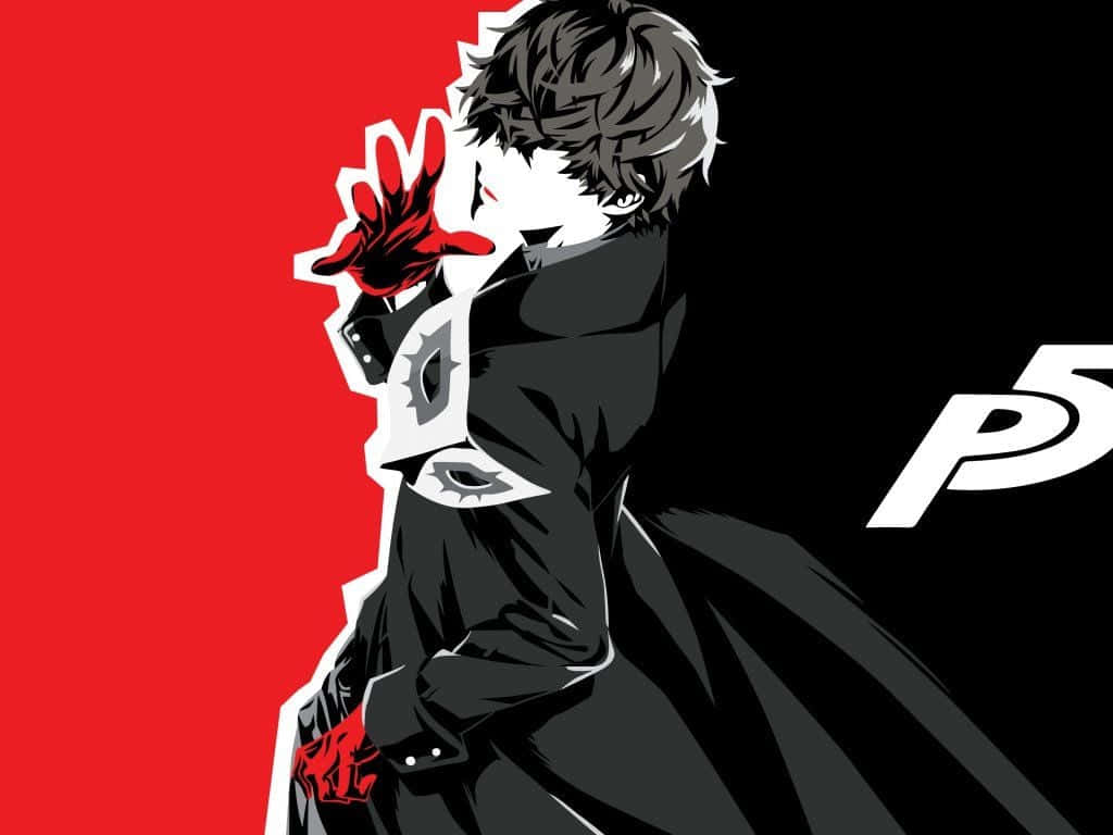 persona 桌布 壁紙 — 一個風格化的動漫角色穿著黑色外套，戴著紅色手套的手舉起，背景是鮮明的紅色和黑色，帶有白色的「P5」標誌。
