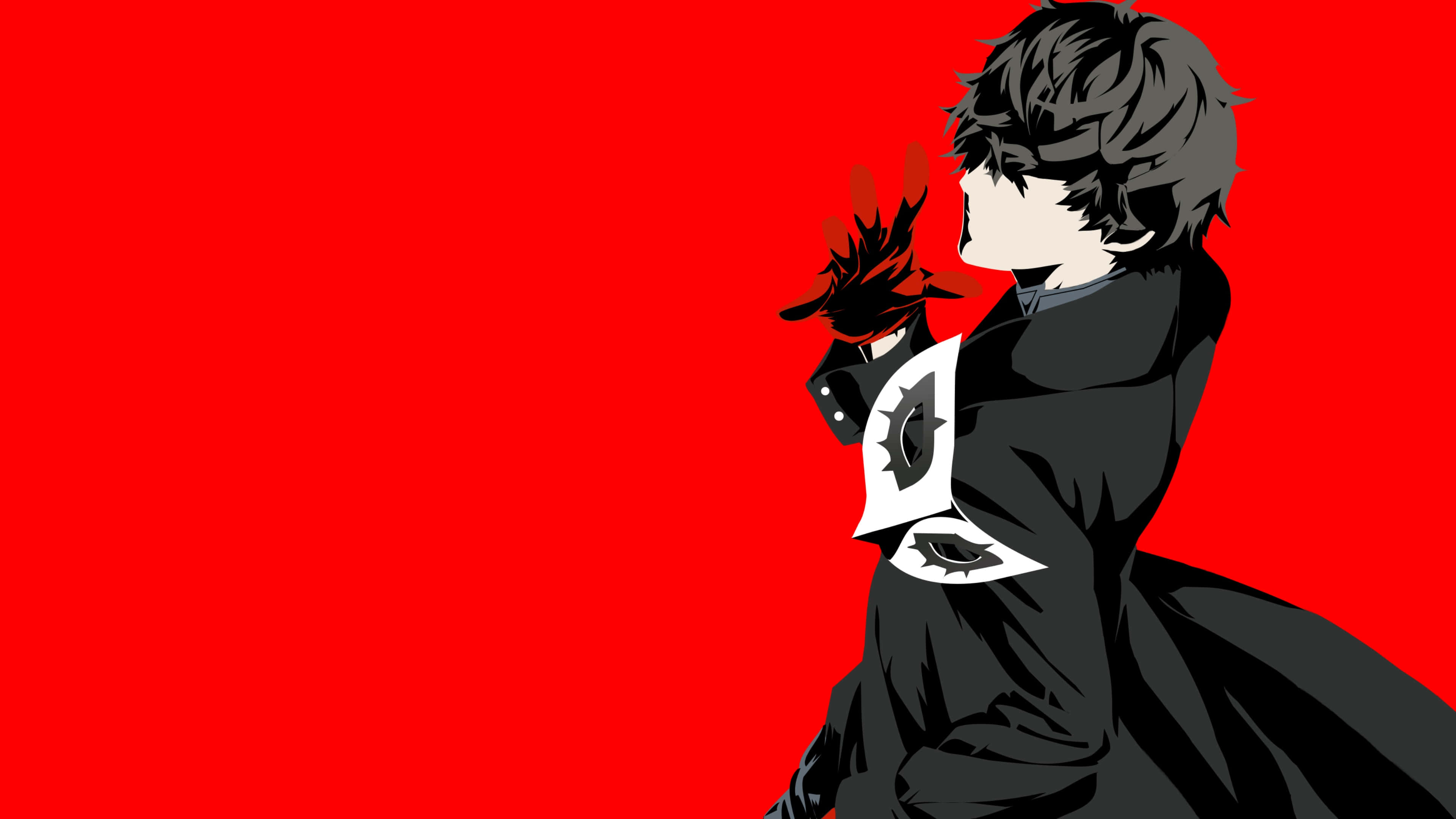persona 桌布 壁紙 — 一個風格化的動漫角色穿著黑色外套，站在鮮紅色背景前，帶有戲劇性的剪影和白色眼睛圖案。