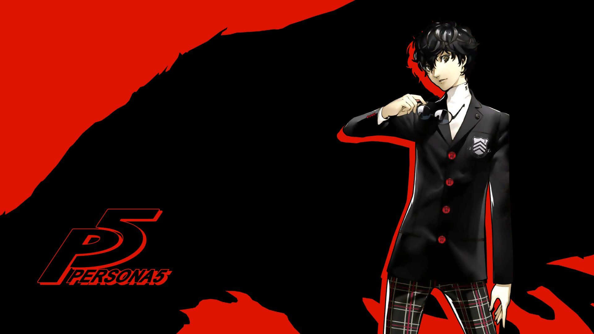 persona 桌布 壁紙 — 一個風格化的動漫角色穿著黑色校服，站在大膽的紅黑背景前，帶有 Persona 5 標誌。