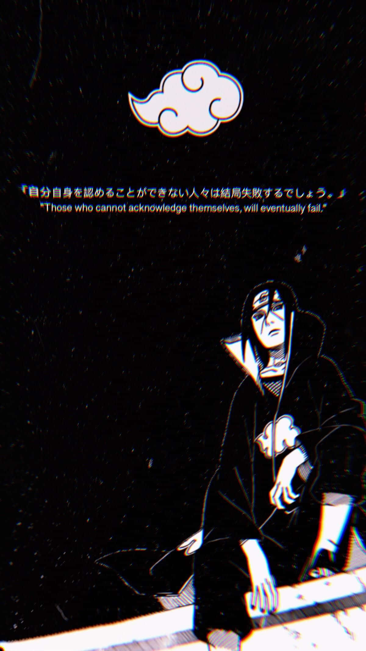 Akatsuki Quotes 桌布 壁紙 — 一個風格化的動漫角色身穿深色斗篷，在星空夜空下的一片雲朵下莊嚴地坐著，並附有勵志語錄。