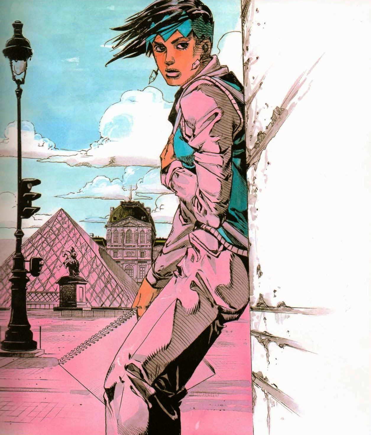 Rohan Kishibe 桌布 壁紙 — 一個風格化的動漫角色靠在牆上，背景是羅浮宮金字塔和巴黎建築，天空明亮。