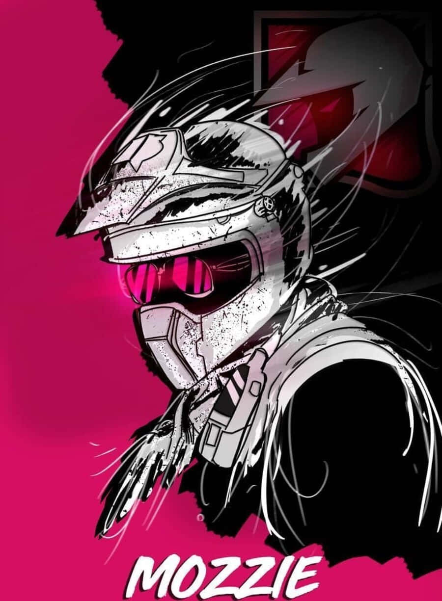 Rainbow Six Siege Mozzie 桌布 壁紙 — 一個風格化的動漫賽車手，戴著白色頭盔，帶有發光的粉紅色護目鏡，背景是充滿活力的洋紅色。