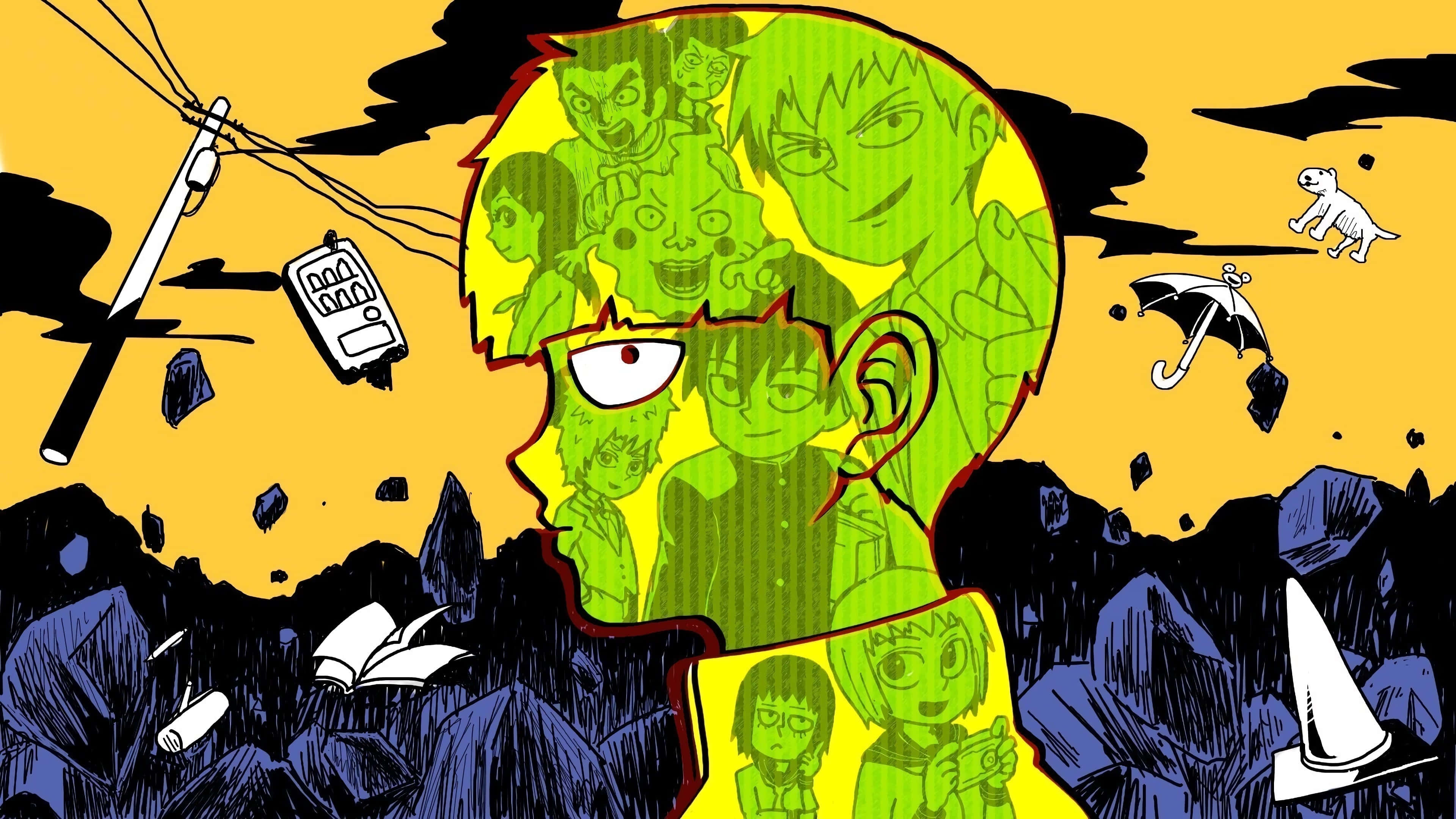 Mob Psycho 桌布 壁紙 — 一個風格化的動漫頭部，充滿多個面孔，背景是超現實的黃色和黑色，帶有漂浮物體。