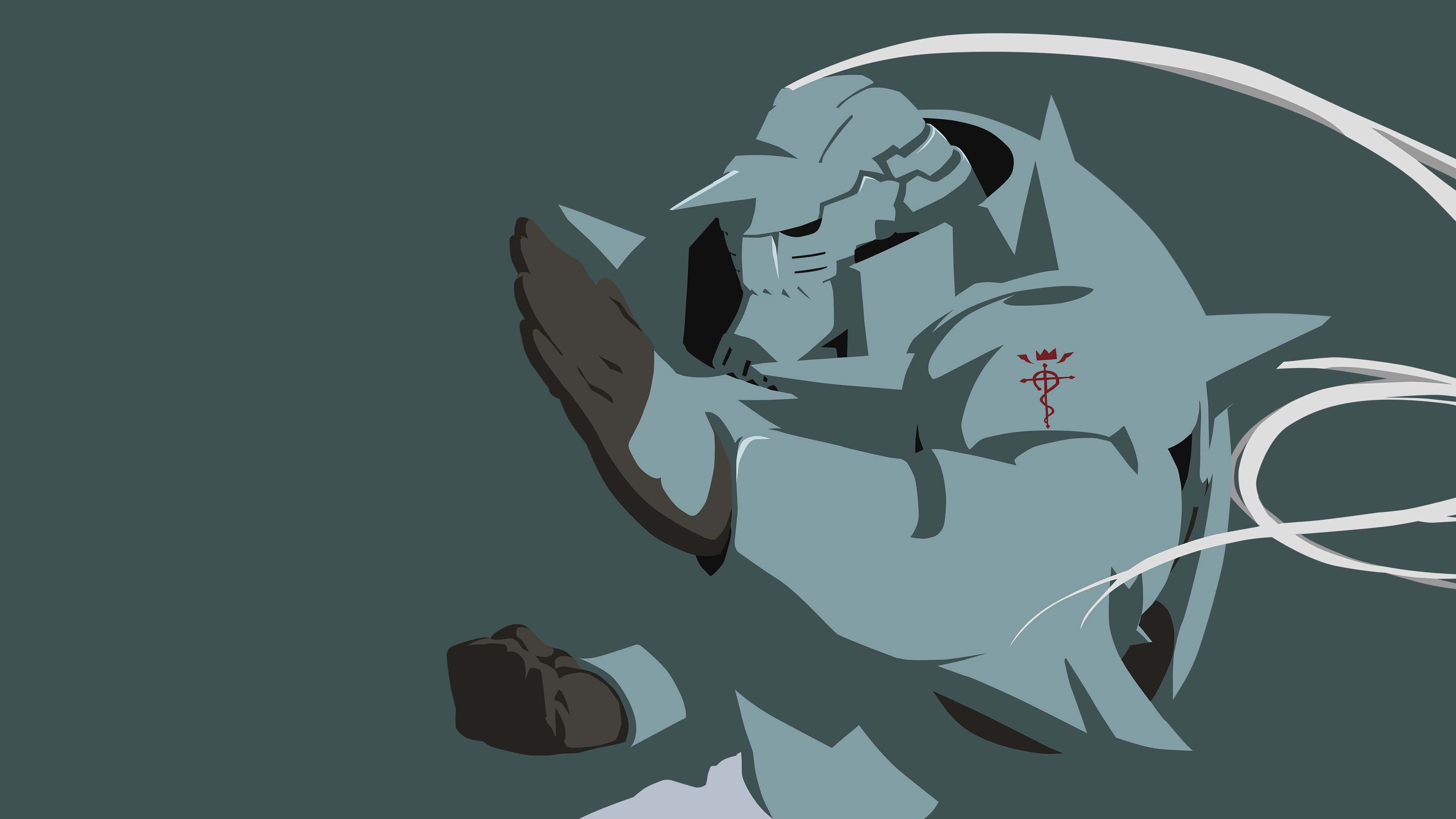 Alphonse Elric 桌布 壁紙 — 一個風格化的動漫騎士，身穿淺藍色盔甲，帶有紅色徽章，在深藍綠色背景上向前衝刺。