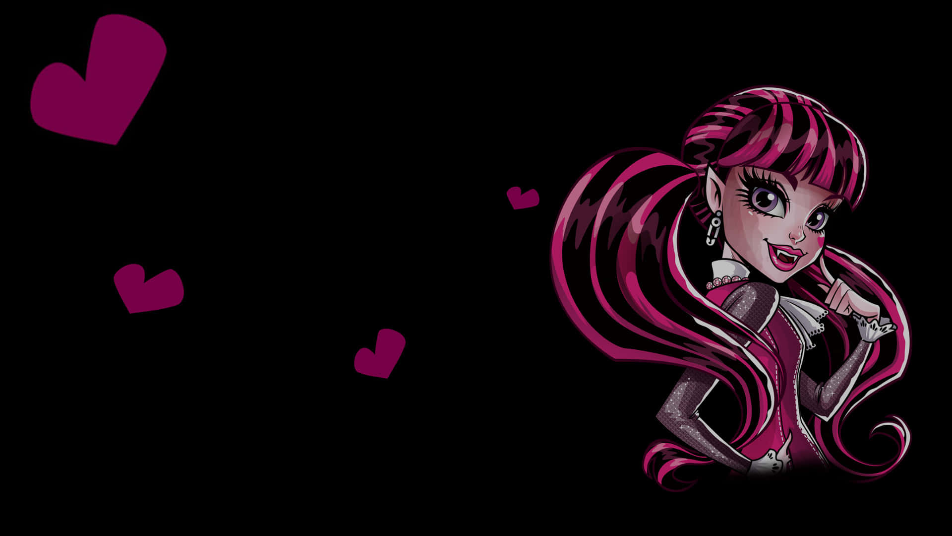 Monster High 桌布 壁紙 — 一個風格化的動畫女孩，擁有粉紅色和黑色的頭髮，在黑色背景上微笑，周圍有漂浮的心形。