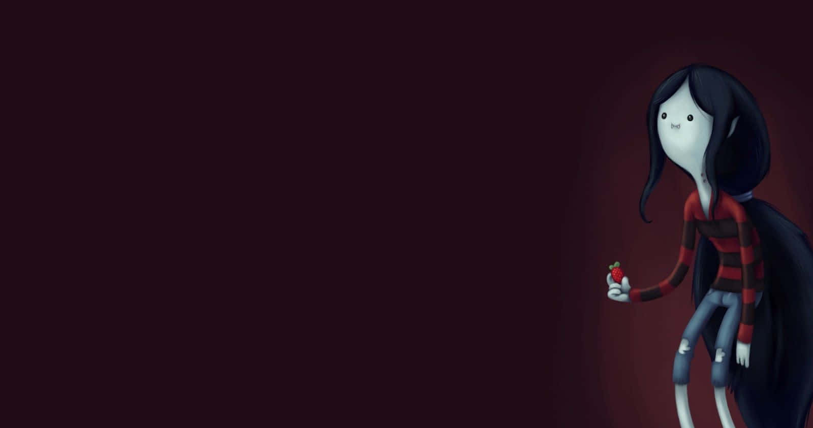 Animated Tv Series 桌布 壁紙 — 一個風格化的動畫女孩，長著黑色長髮，在深栗色背景上拿著一顆草莓。