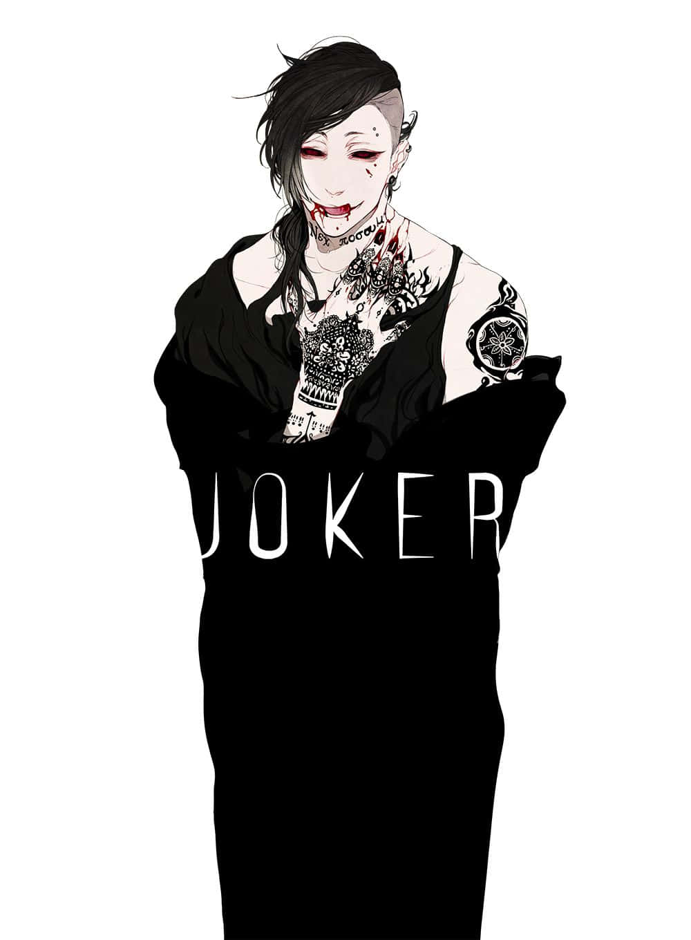 Tokyo Ghoul Uta 桌布 壁紙 — 一個風格化的動畫小丑，帶有深色紋身和紅色眼睛，穿著黑色長袍，站在純白背景前。