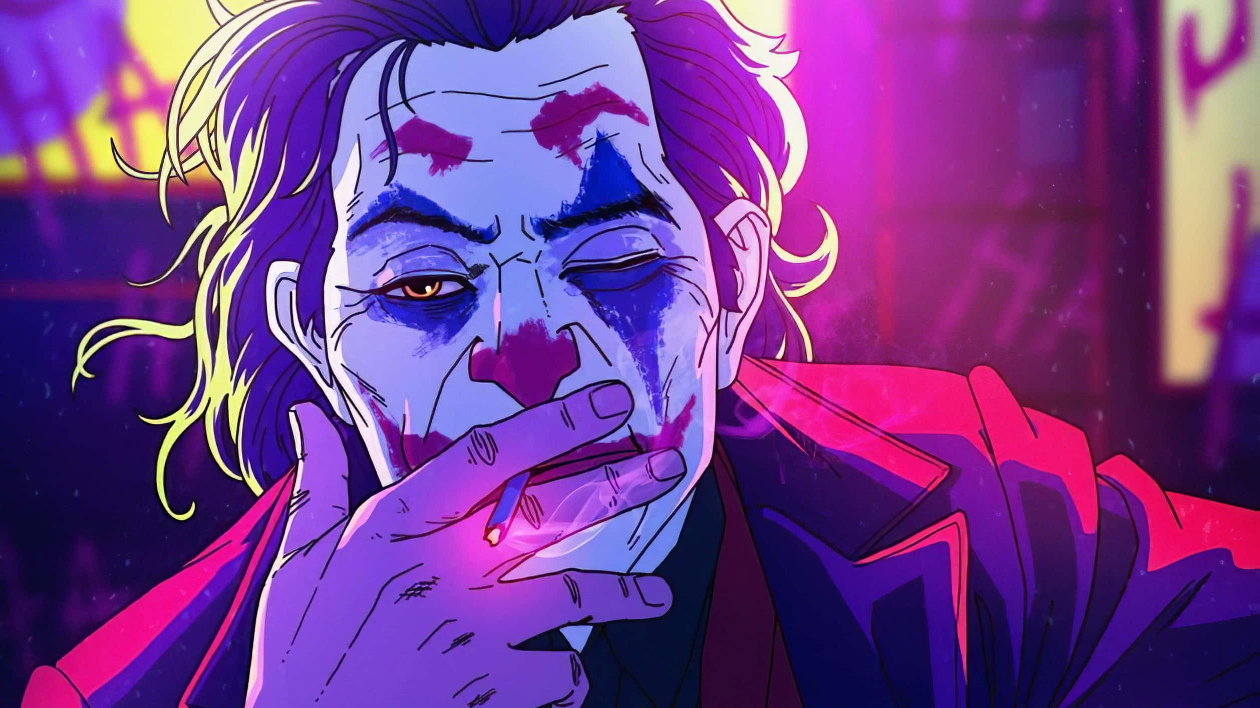 Cartoon Villains 桌布 壁紙 — 一個風格化的動畫小丑在霓虹燈照亮、帶有鮮豔紫色和粉紅色調的城市背景下抽煙。
