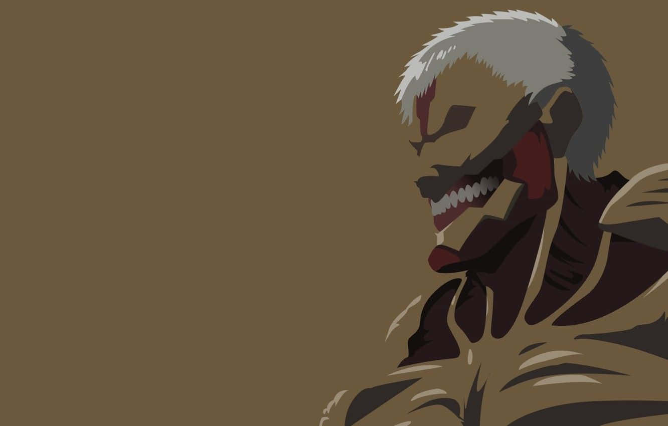 Armored Titan 桌布 壁紙 — 一個風格化的動畫巨人，白色頭髮和紅色標記，在純棕色背景上露出威脅性的笑容。