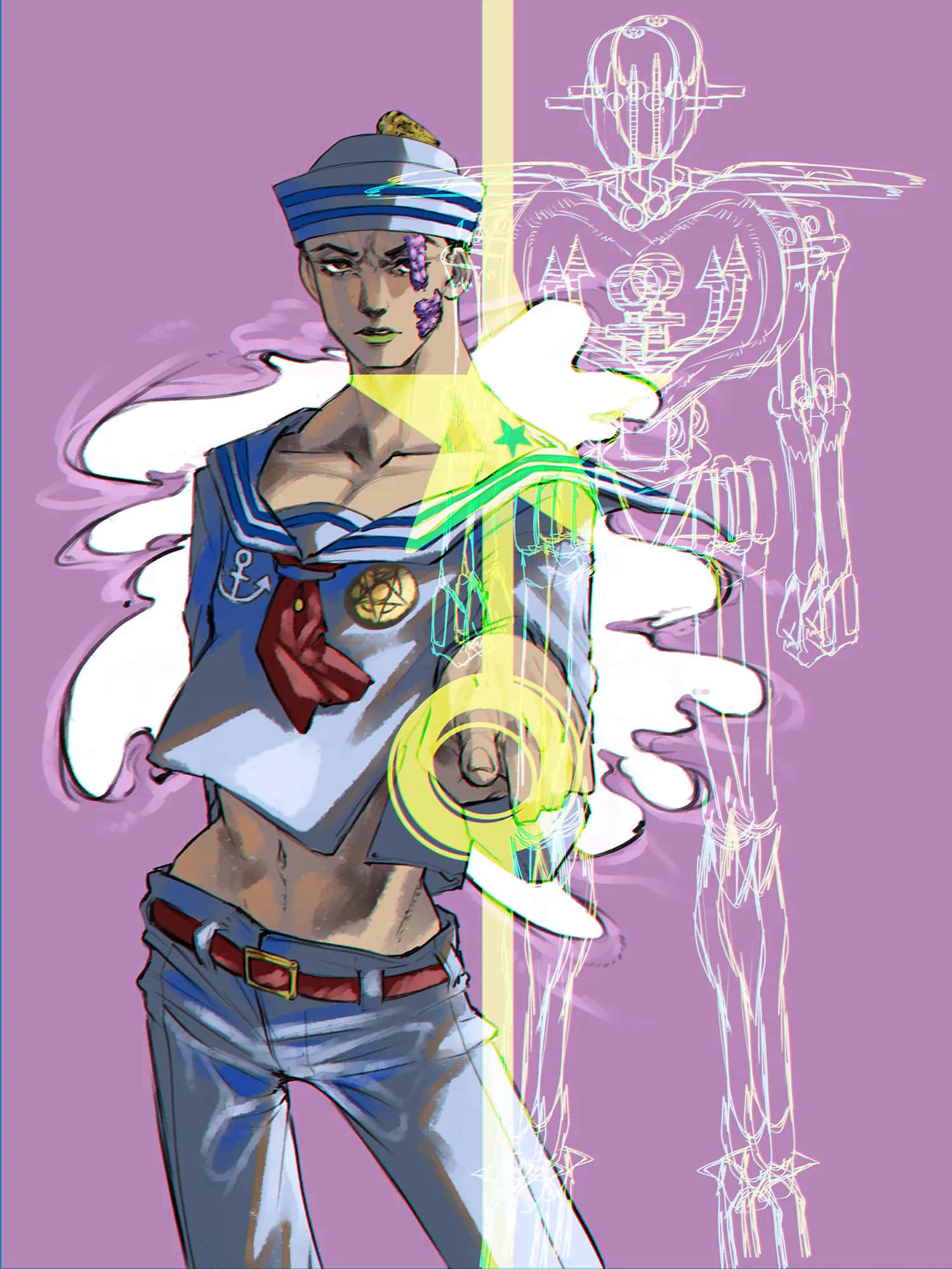 Jojolion 桌布 壁紙 — 一個風格化的動畫水手男孩，手持發光的綠色劍和白色翅膀，站在紫色背景前，帶有幽靈般的機械輪廓。