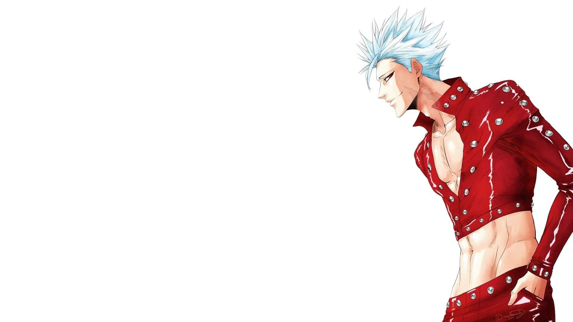 Seven Deadly Sins Ban 桌布 壁紙 — 一個風格化的動畫男人，有著尖刺的藍色頭髮，穿著紅色鉚釘服裝，背景是純白色。