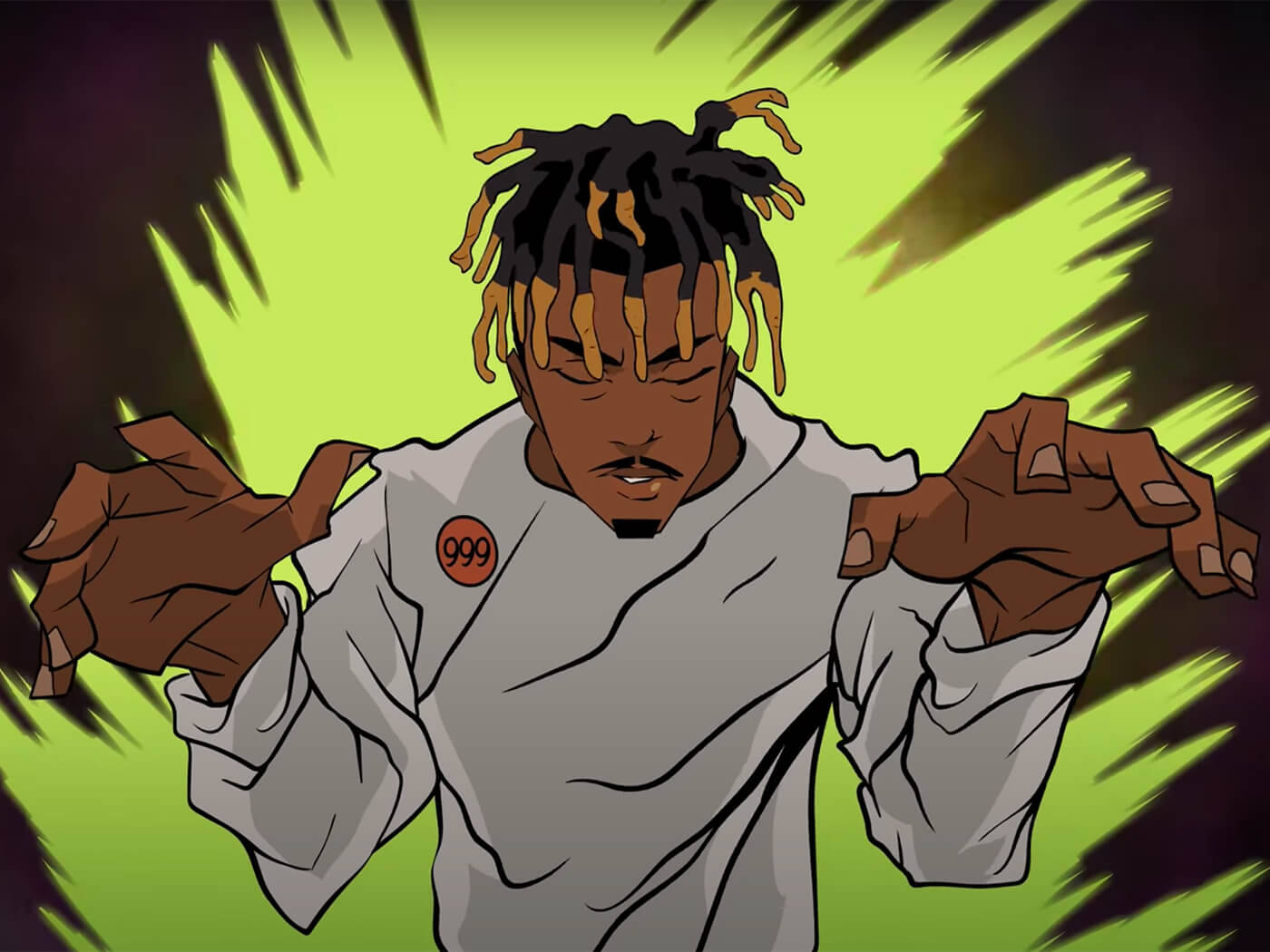 Juice WRLD 桌布 壁紙 — 一個風格化的動畫男子，梳著辮子，穿著灰色襯衫，站在充滿活力的綠色爆炸背景前。