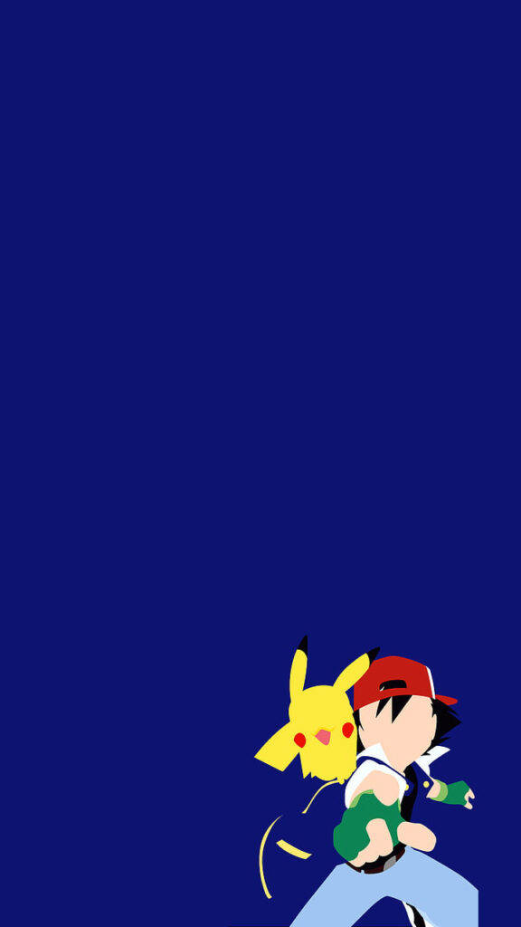 Pokemon 桌布 壁紙 — 一個風格化的動畫男孩，肩上站著皮卡丘，站在純深藍色背景前。