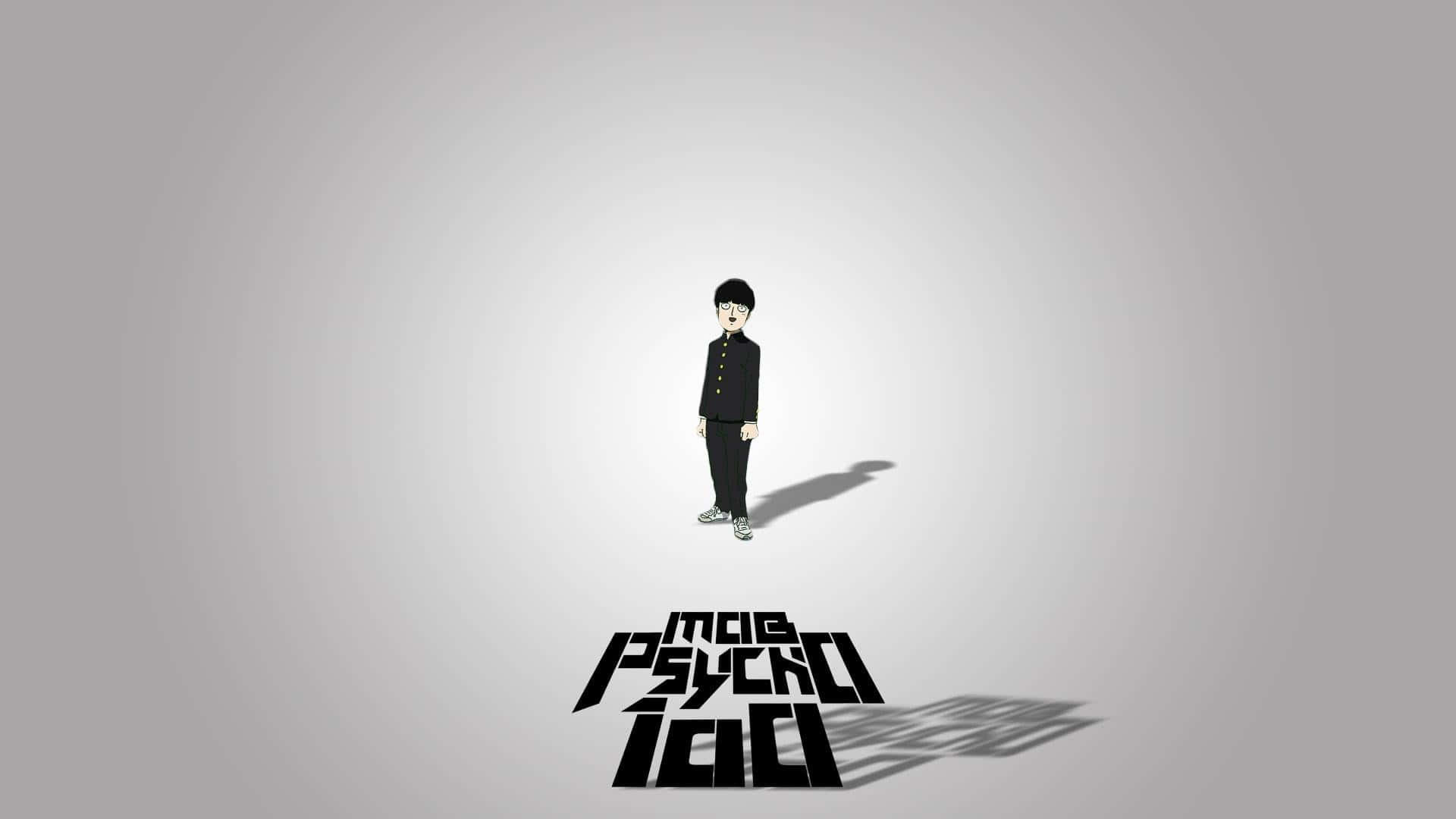 Shigeo Kageyama 桌布 壁紙 — 一個風格化的動畫男孩穿著黑色制服，獨自站在漸變灰色背景前，下方粗體文字投下陰影。