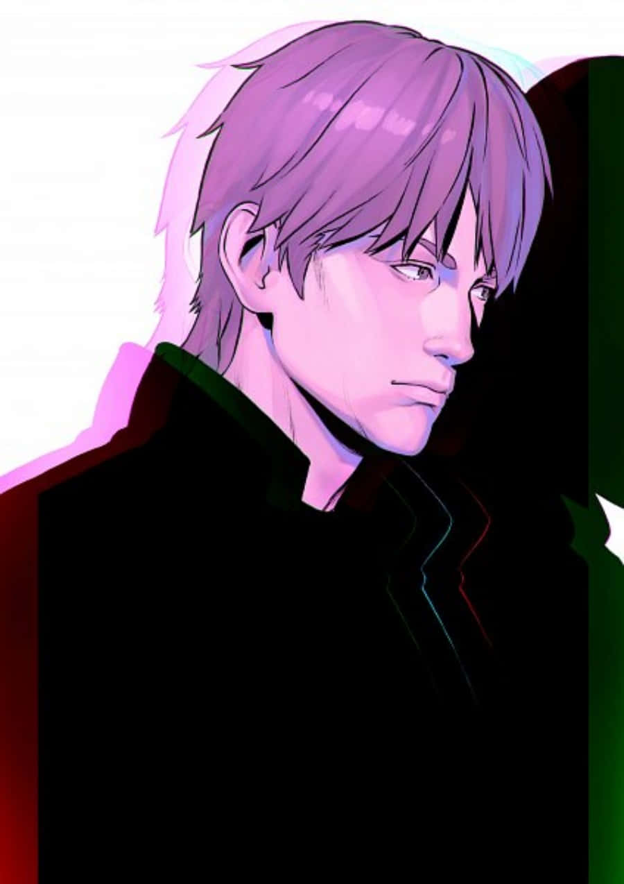 Ghost In The Shell Togusa 桌布 壁紙 — 一個風格化的動畫男性，紫色頭髮，表情嚴肅，在黑暗背景上被鮮豔的粉紅和綠色霓虹光輝照亮。