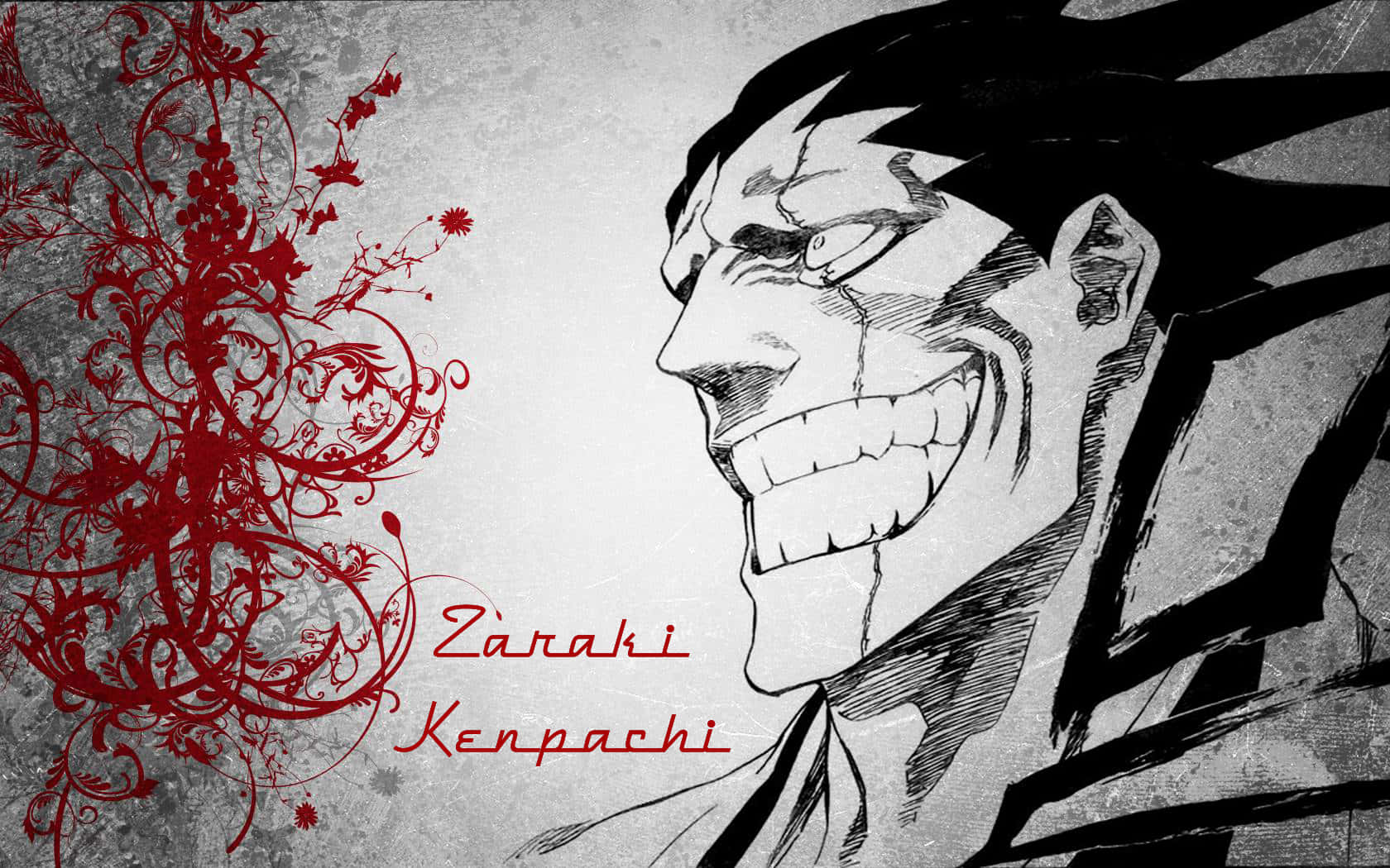 Kenpachi Zaraki 桌布 壁紙 — 一個風格化的動畫肖像，描繪更木劍八，咧嘴大笑，紅色花卉漩渦在紋理灰色背景上。