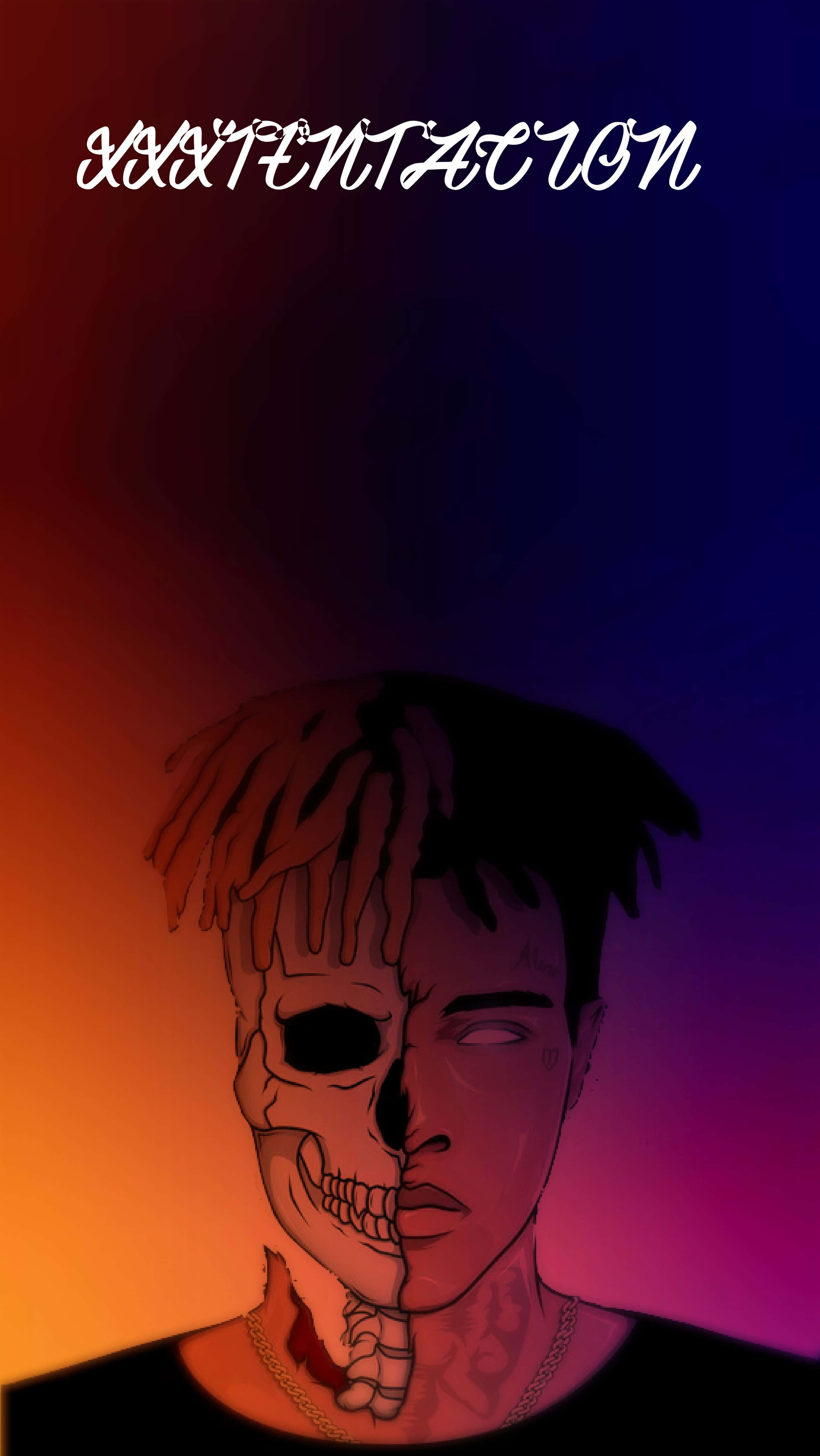 Rip 桌布 壁紙 — 一個風格化的半骷髏半面孔肖像，描繪一名留著辮子頭的男子，背景是從夕陽到暮色的漸變天空。