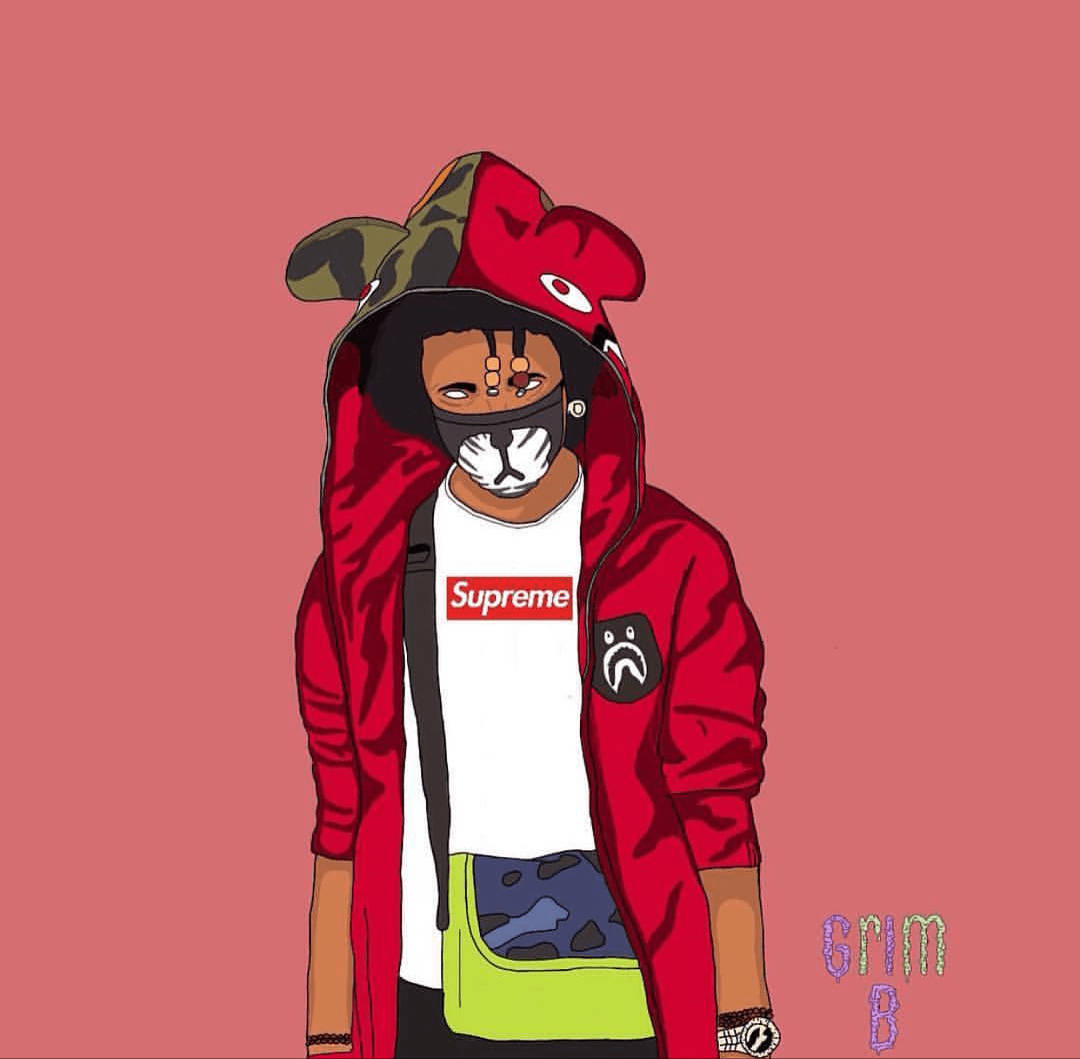 supreme 桌布 壁紙 — 一個風格化的卡通人物穿著紅色連帽衫和口罩，站在純粉色背景前，身穿Supreme T恤和螢光綠色包包。