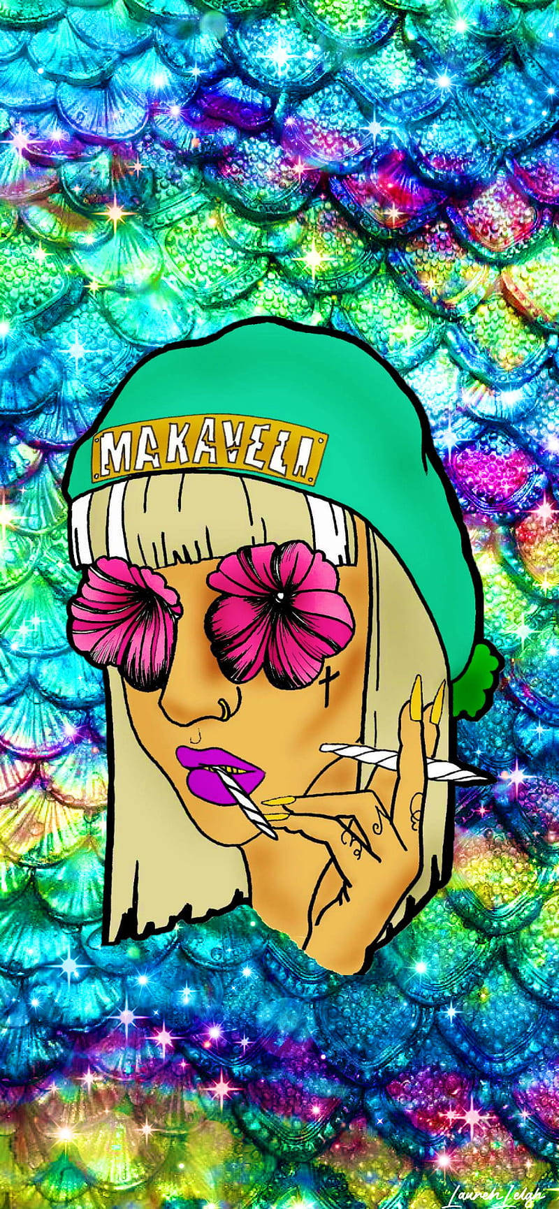 卡通女孩戴著花朵太陽眼鏡在閃閃發光的美人魚鱗片前吸煙。 — 美人魚 GIF 壁紙