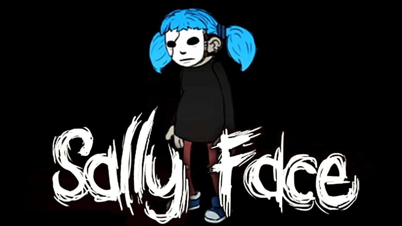 Sally Face 桌布 壁紙 — 一個風格化的卡通女孩，藍色辮子，空洞的眼睛，站在黑色背景前，帶有「Sally Face」文字。