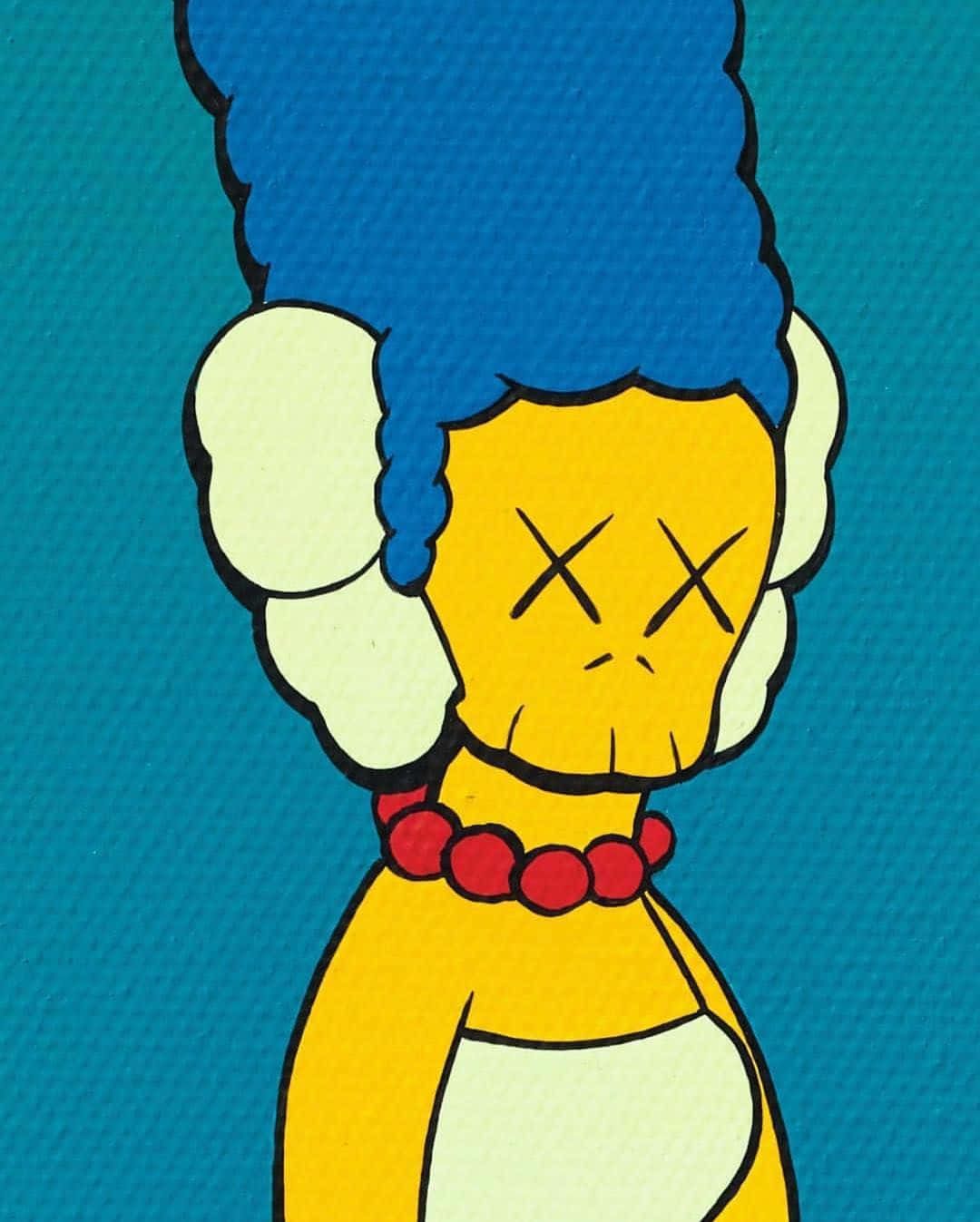Kaws The Simpsons 桌布 壁紙 — 一個風格化的卡通女性，擁有藍色蜂窩頭和X形眼睛，戴著紅色珠鏈，背景是帶紋理的藍綠色。