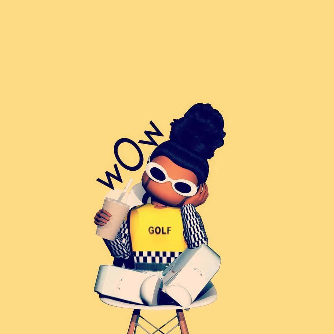 Roblox Aesthetic 桌布 壁紙 — 一個風格化的卡通女性，穿著黃色高爾夫球衫和白色太陽眼鏡，坐在椅子上，手持飲品，旁邊漂浮著「WOW」圖案。