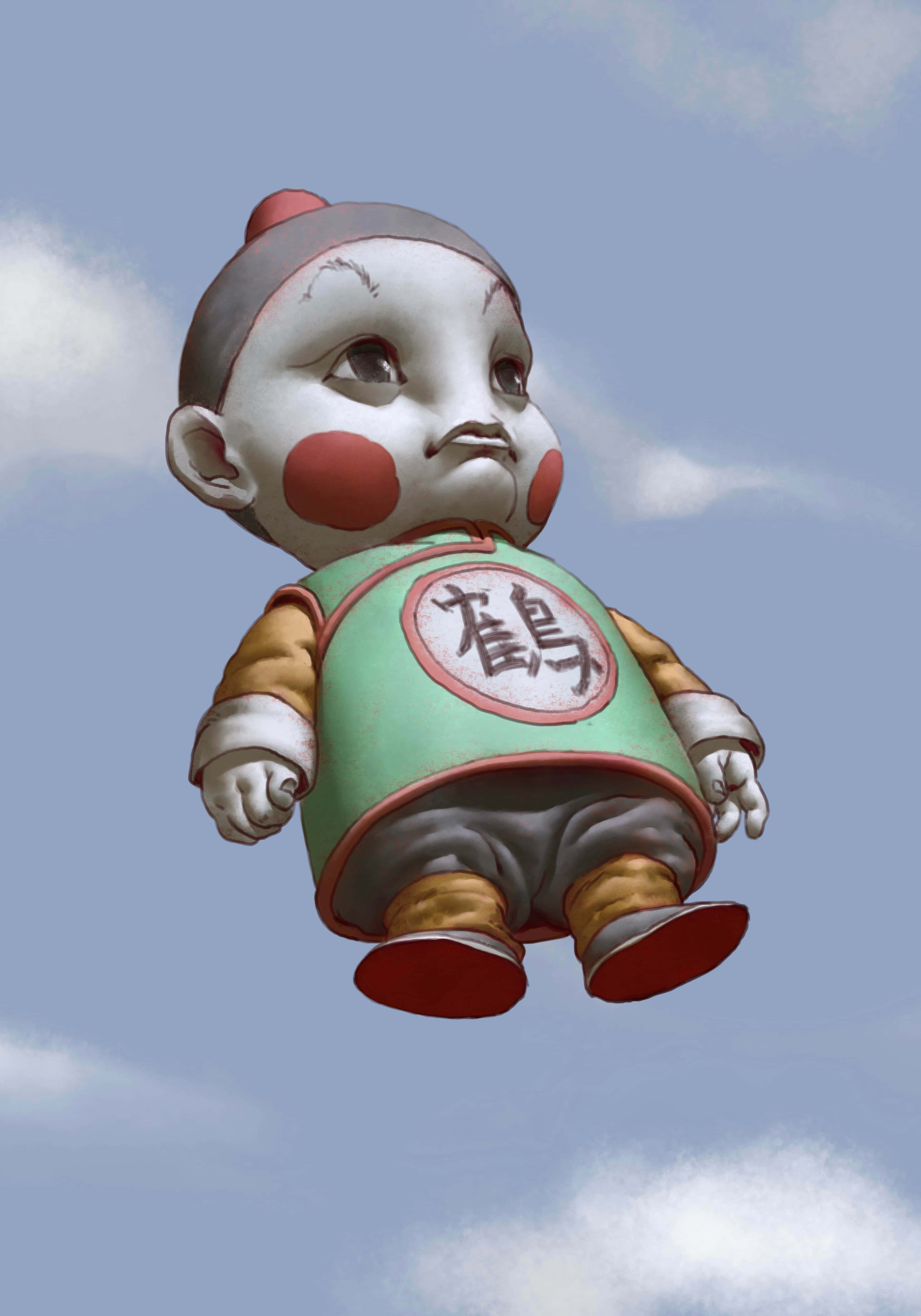 Chiaotzu 桌布 壁紙 — 一個風格化的卡通嬰兒，臉頰紅潤，穿著傳統服飾，在帶有縷縷雲朵的柔和藍天中寧靜地漂浮。