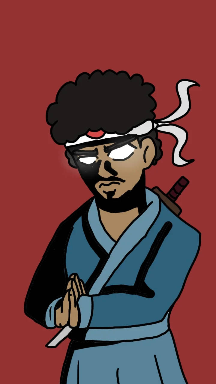 武士 桌布 壁紙 — 一個風格化的卡通忍者，有著非洲爆炸頭和白色頭帶，站在純紅色背景前，手持一把小刀。