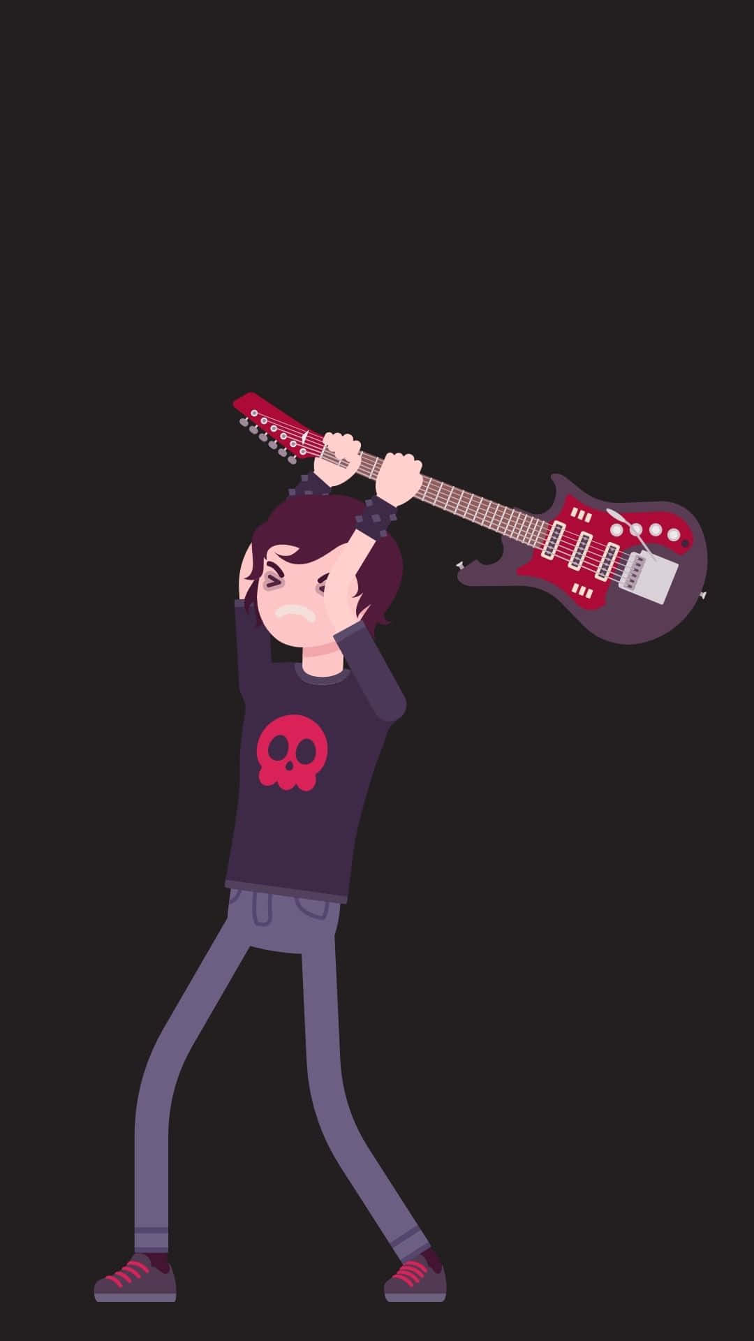 Cute Emo 桌布 壁紙 — 一個風格化的卡通搖滾歌手，穿著骷髏衫，在深色背景上將紅色電結他揮過頭頂。