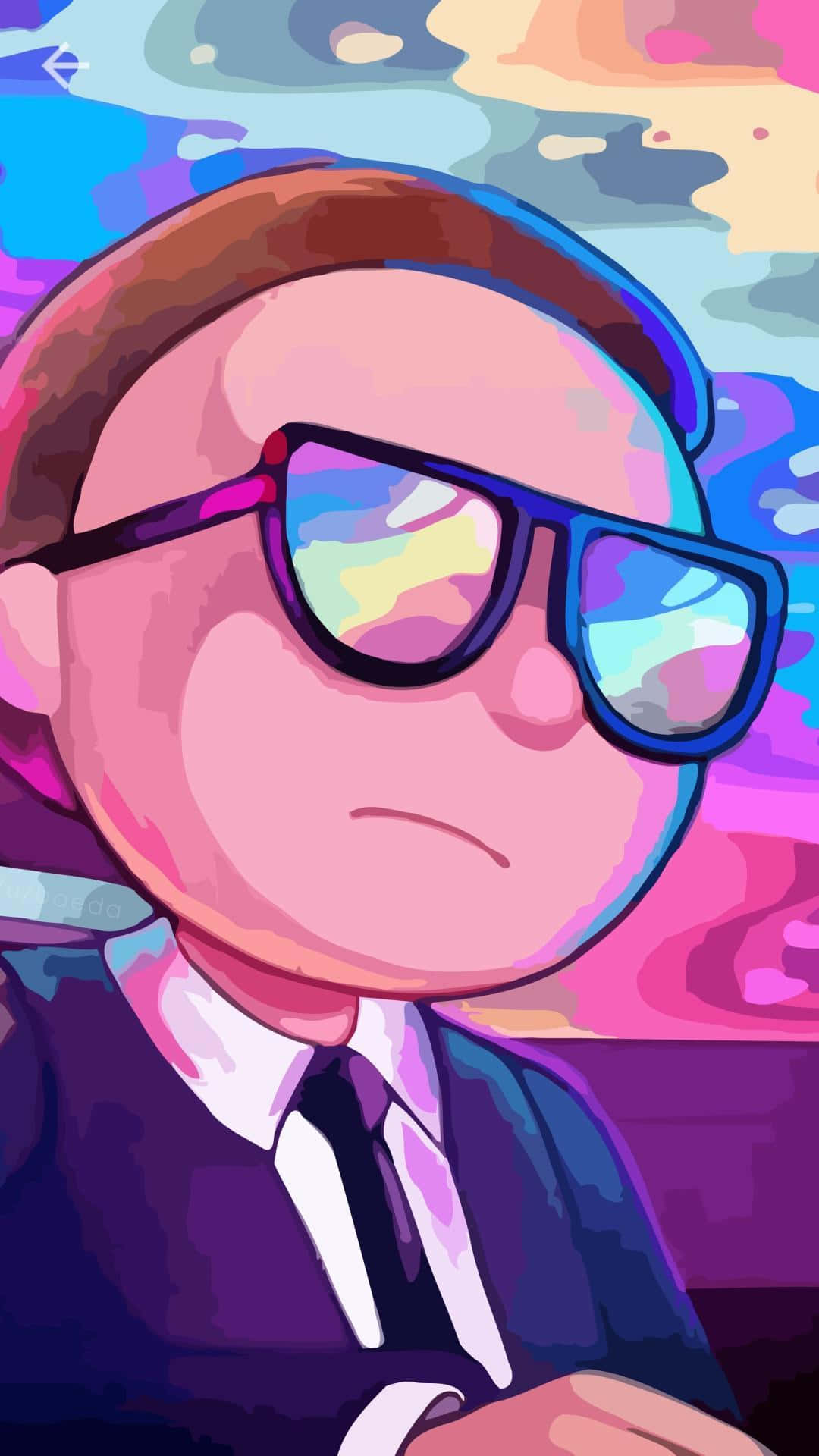 Morty Smith 桌布 壁紙 — 一個風格化的卡通男人，身穿西裝和太陽眼鏡，在充滿活力的迷幻背景前皺眉。