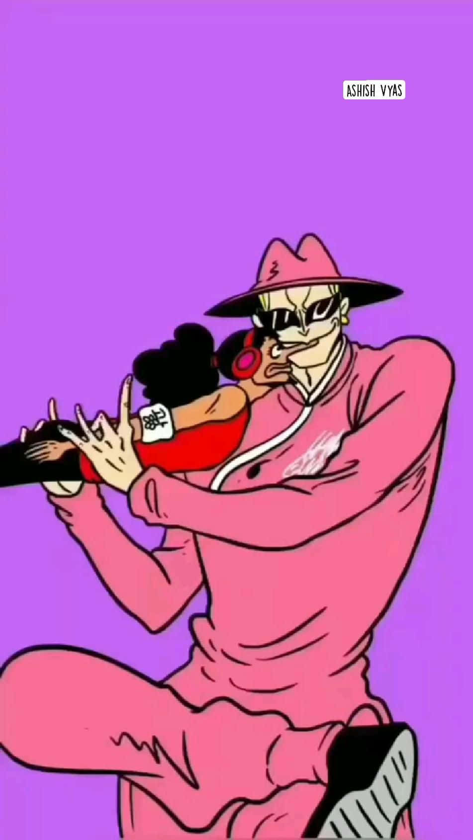 Spandam 桌布 壁紙 — 一個風格化的卡通男人穿著粉紅色服裝和帽子，戴著耳機，在純紫色背景前抱著一個穿紅衣的女人。