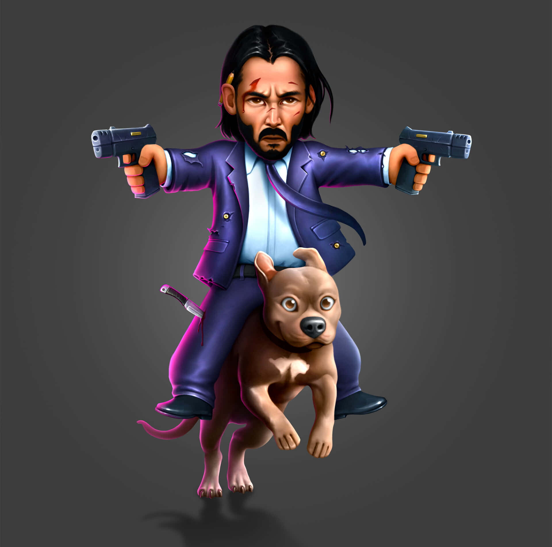 Keanu Reeves 桌布 壁紙 — 一個風格化的卡通男人穿著紫色西裝，騎著一隻棕色的狗，同時手持兩把手槍，腰間插著一把刀。