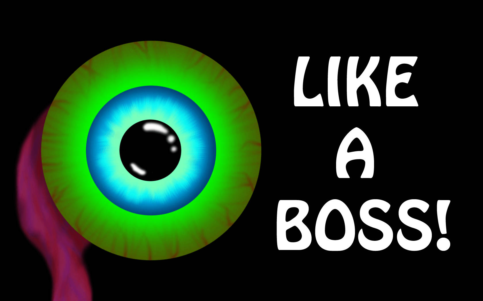 Jacksepticeye Like A Boss 壁紙 — 一個風格化的卡通眼睛，帶有發光的綠色和藍色虹膜，在黑色背景上大膽地凝視，旁邊是粗體白色文字 LIKE A BOSS!