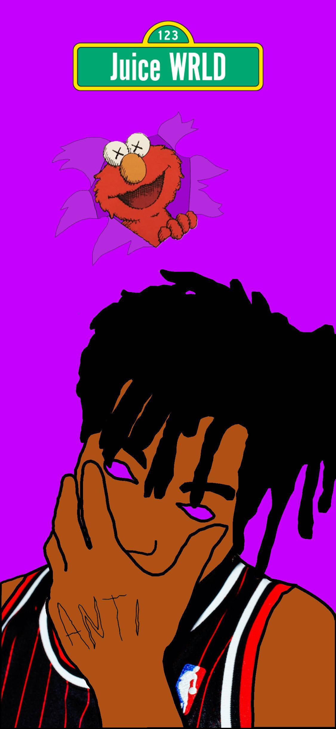 Juice WRLD 桌布 壁紙 — 一個風格化的卡通肖像，Juice WRLD 上方有 Elmo，背景是充滿活力的紫色。