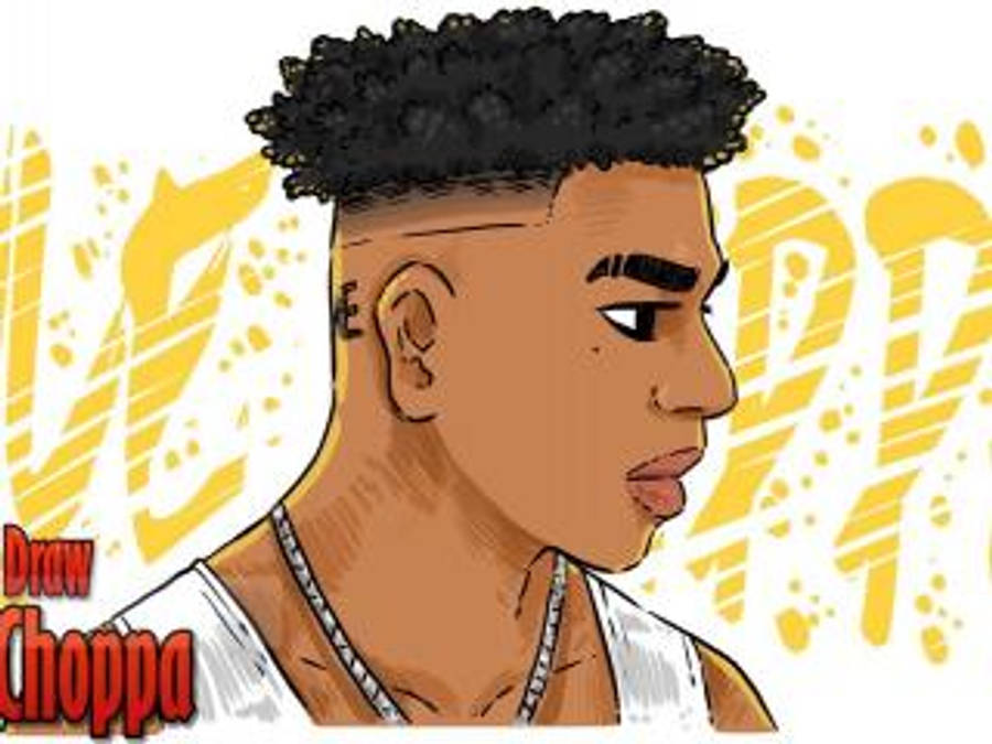 Cartoon 桌布 壁紙 — 一個風格化的卡通肖像，描繪一位年輕男子，擁有捲曲頭髮和鏈條項鍊，背景為鮮豔的黃色。