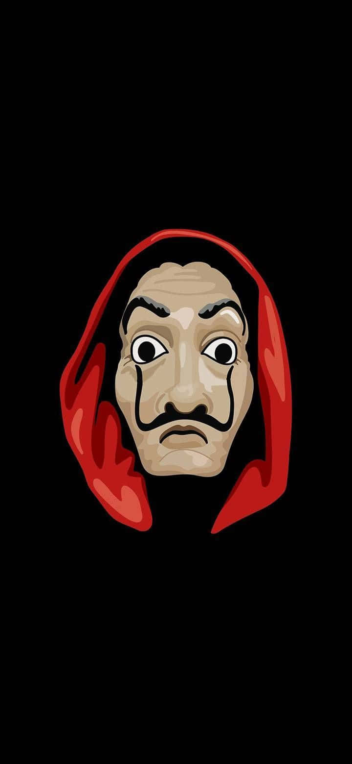 Money Heist 桌布 壁紙 — 一個風格化的卡通臉孔，有鬍子和大眼睛，戴著紅色兜帽，背景為黑色。