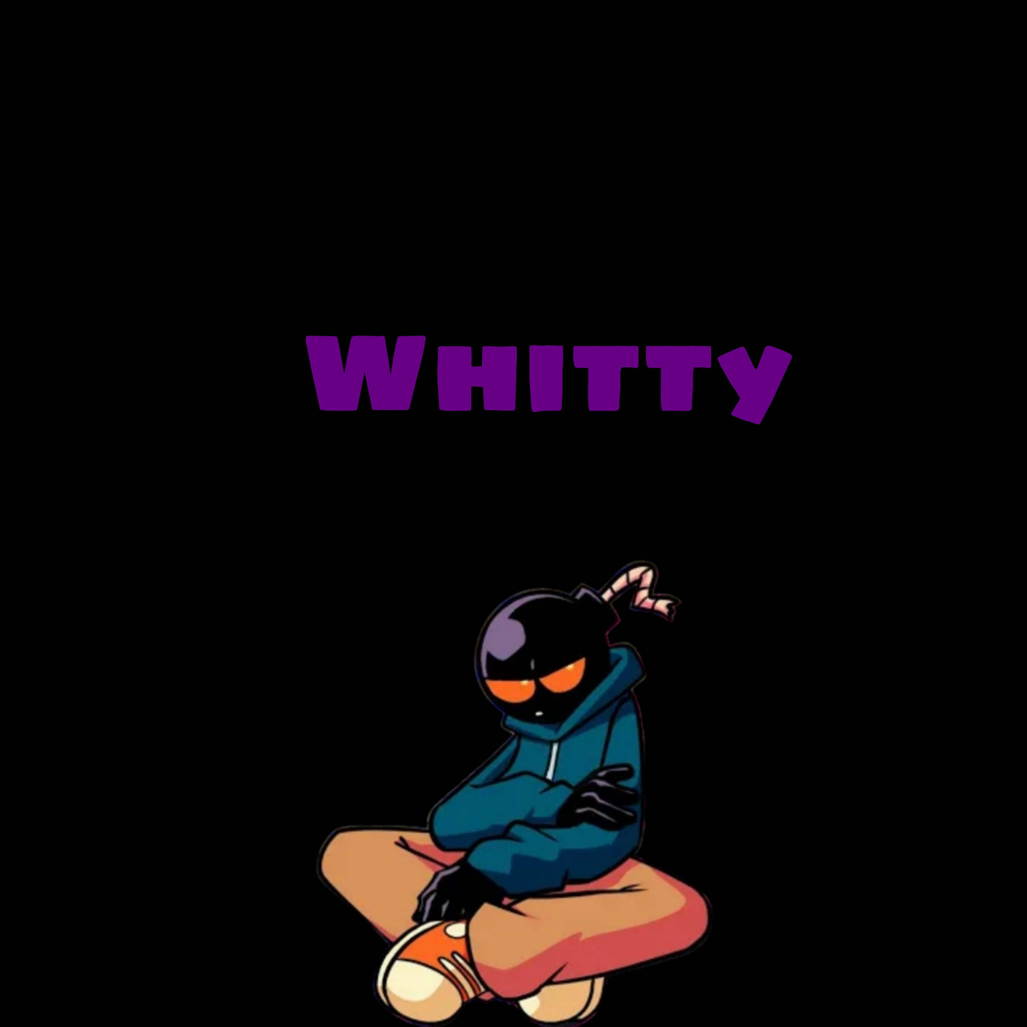 Whitty 桌布 壁紙 — 一個風格化的卡通角色，擁有發光的橙色眼睛，盤腿坐在黑色背景上，上方有紫色的「WHITTY」字樣。